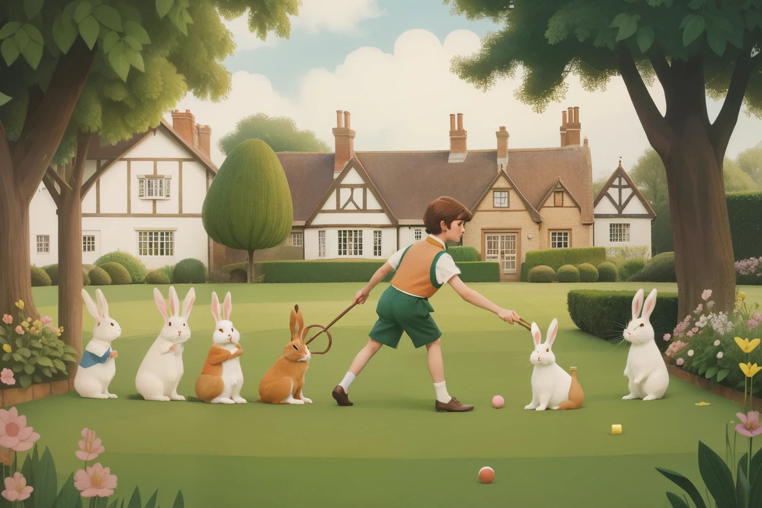 1970s English Garden Croquet Match with Rabbits (Location: Oxford):
Character: A tween boy with a waistcoat, engaging in a whimsical croquet match with rabbits on the lawns of Oxford during the 1970s. Illuminate the fantastical game with Wes Anderson's playful and pastel color palette.