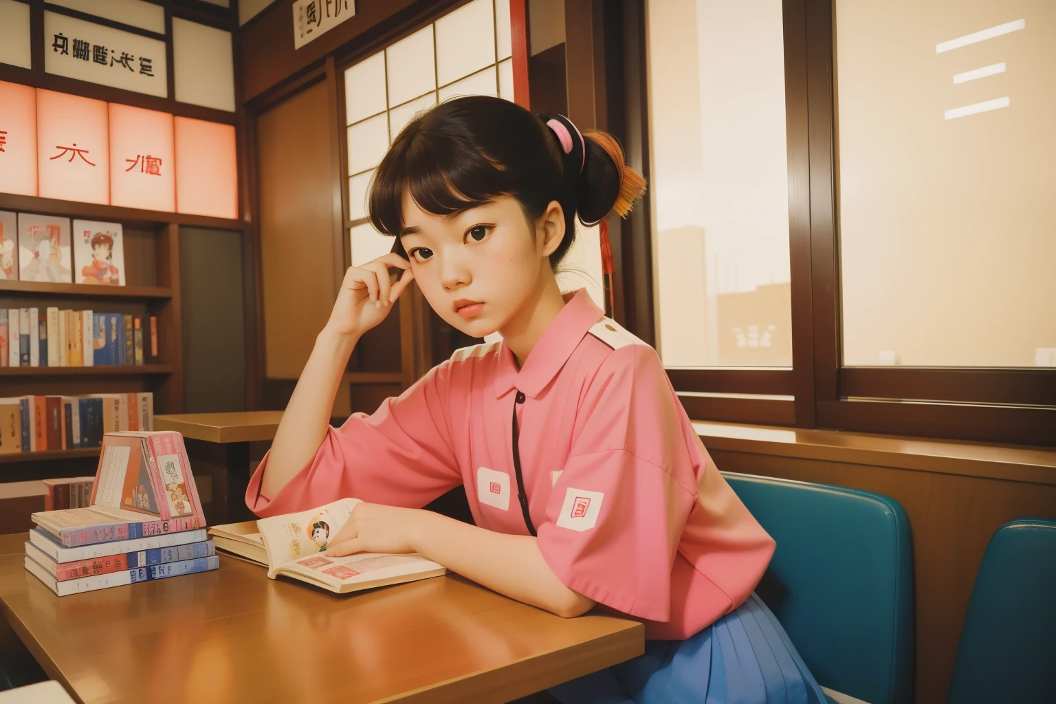 1980s Japanese Manga Reading at a Tokyo Café (Location: Akihabara):
Character: A teenage girl with a stack of manga, immersed in reading at a quirky café in Tokyo's Akihabara district during the 1980s. Evoke the manga-inspired ambiance with Wes Anderson's eclectic and vibrant color tones.