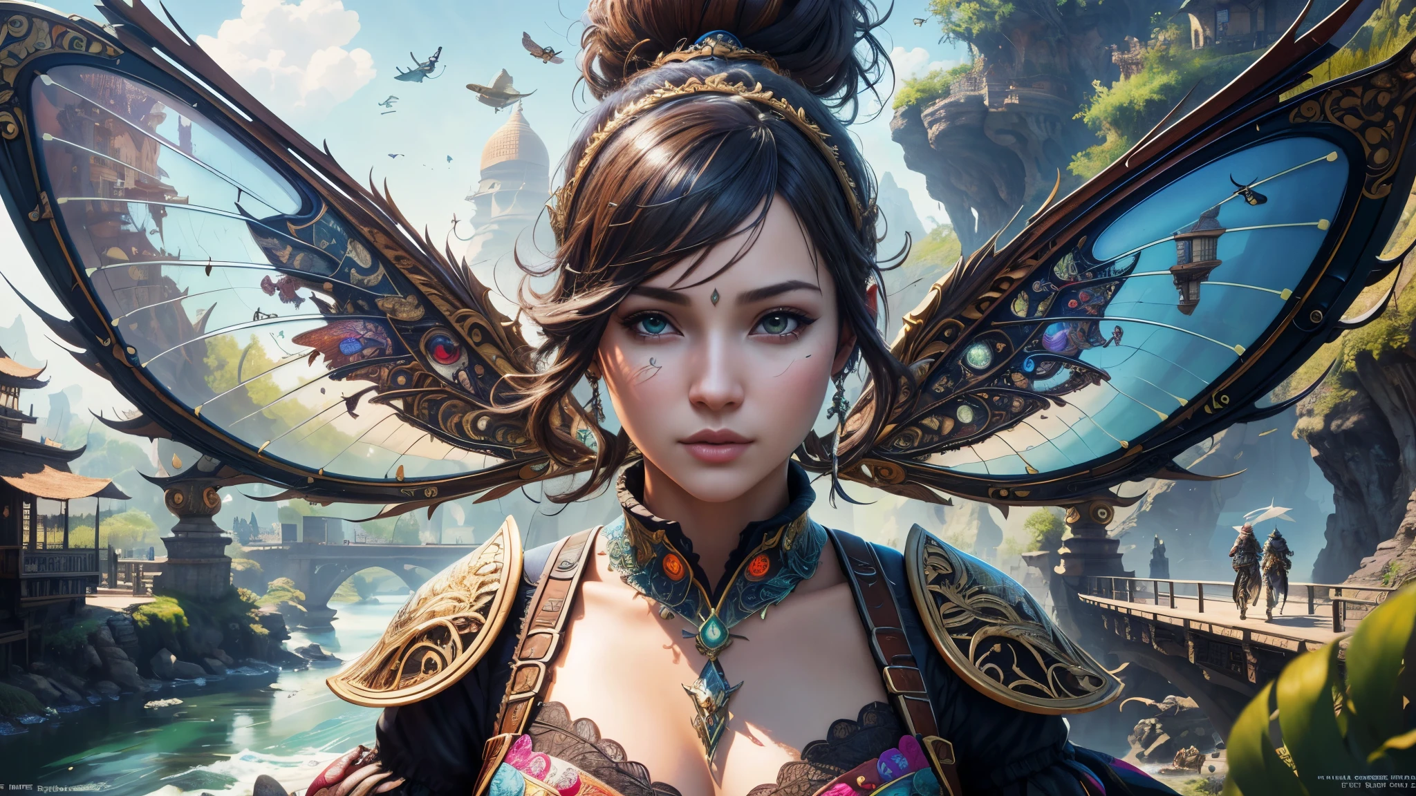 (((Multiplayer, Man and Woman))), Best Quality, Realistic, Realistic, Award-Winning Illustrations, (Intricate Details: 1.2), (Fine Details), (Intricate Details), (Cinematic Light, Best Quality Backlight), Clear Lines, Sharp Focus, Official Art, Unity 8k Wallpaper, Ridiculous, Incredibly Ridiculous, Fantasy Art, RTX, ((Award-winning Studio Close-up Photo)), 1 Boy, (Shut Up), Best Quality, 4K, beautiful mysterious creatures, female, flying, surrealism, masterpiece of NCWINTERS, in mysterious country town, masterpiece, intricate details, ff14style, painting, bridge, river, Insect Wings,Bamboo, landscape, bright colors,