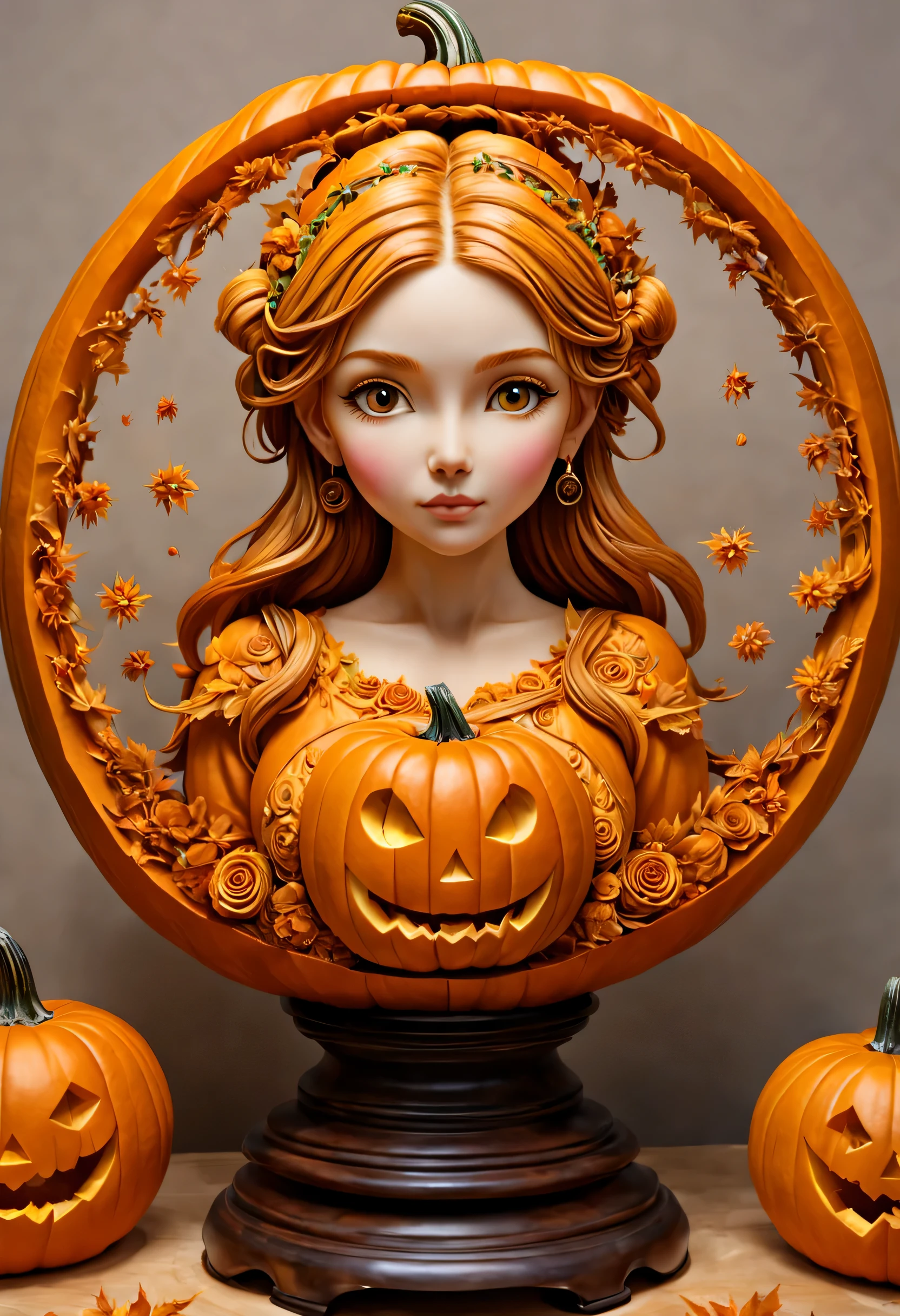 Pumpkin carving, Sculpture of a girl&#39;s face, complex magic circle, (masterpiece), (highest quality), (Ultra high detail)