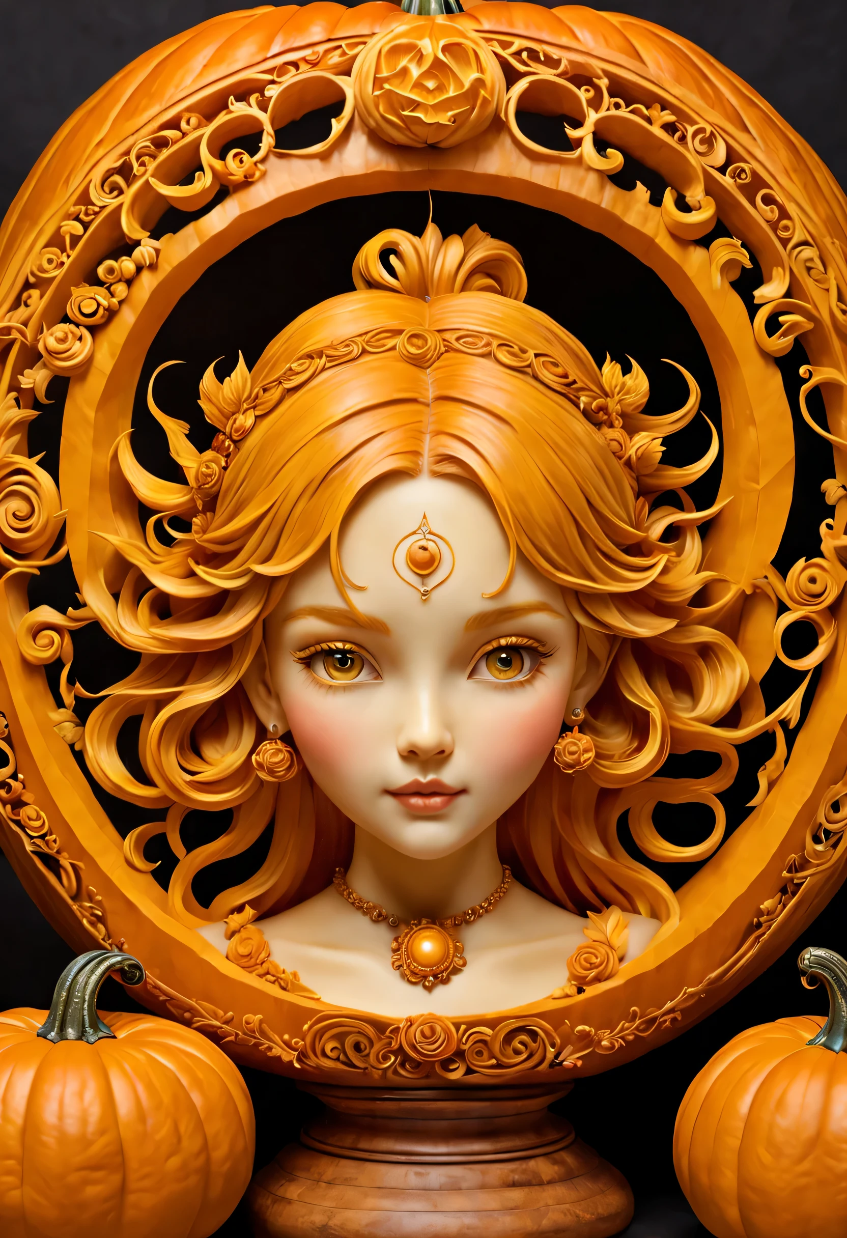 Pumpkin carving, Sculpture of a girl's face, complex magic circle, (masterpiece), (highest quality), (Ultra high detail)