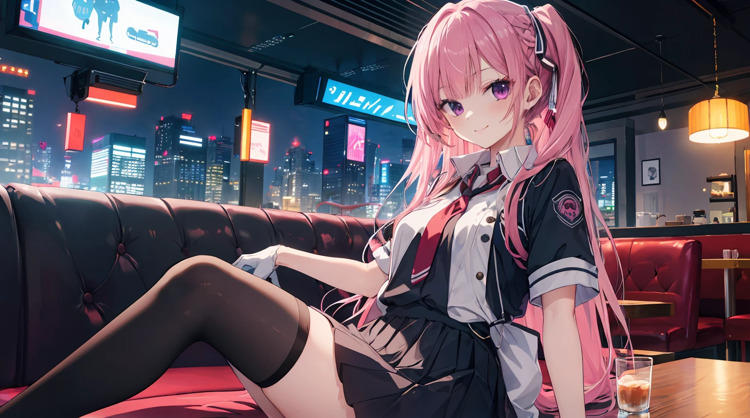 a girl,solo,Long pink hair,gentle,Smile,medium long hair,dishiveredhair,short sleeves,short sleeves游戏服,black skirt,black gloves,cyberpunk characters,night, night city background,digital punk, anime style 4k, Sitting on the sofa,indoors,In the restaurant,black stockingitsukasa ayase、character-centered