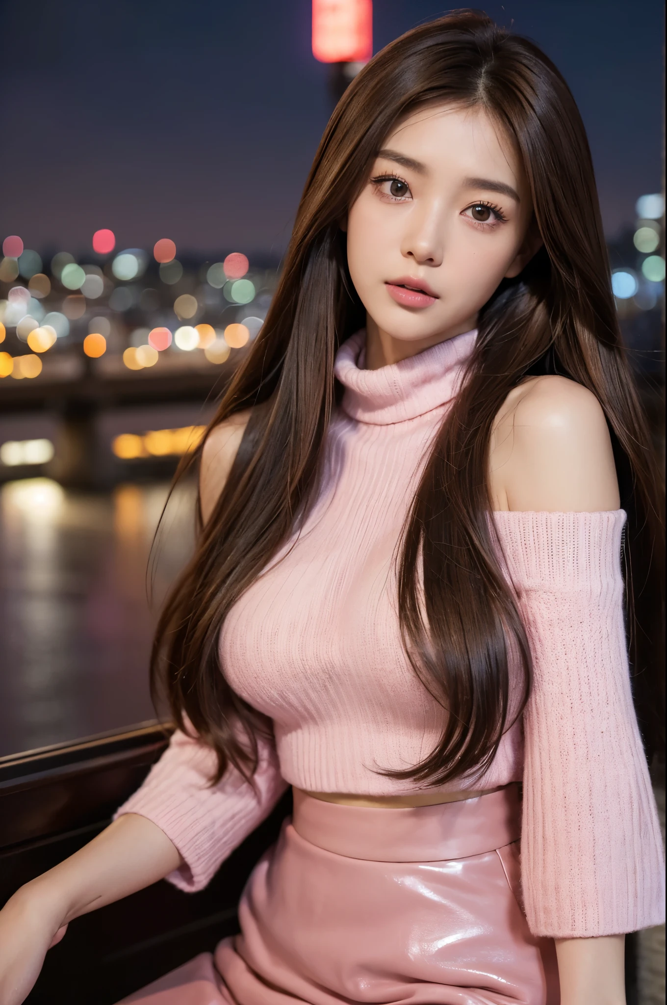 ((highest quality)), ((masterpiece)), (be familiar with), perfect face、(((middle hair))))、((((brown hair))))、highest quality、8K、HDR、High resolution、background blur、photograph、(RAWphotograph:1.2)、(realism:1.2)、(intricate details:1.2)、1 girl、solo、japanese girl、beautiful girl、((((medium breasts)))、Perfect for your skin、((long eyes、detailed pupil))、(slim body、upturned bust)、(pink high neck knit、pink leather skirt、off shoulder)、Tokyo cityscape、colorful lights、((night))、hair fluttering、Translucency、sexy、(beholder)、from the front、tight line of sight