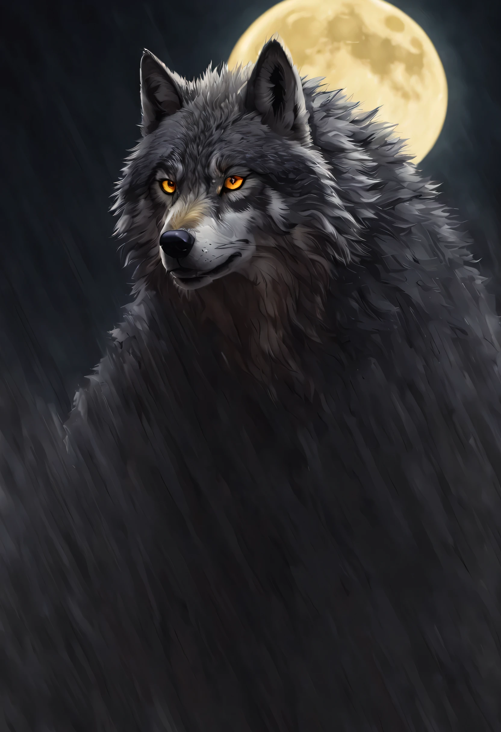high res, masterpiece, Micchon Shikimori, solo, big wolf, looking straight ahead , outside, Forrest, detailed background, ((over size full moon)) detailed eyes, ((yellow eyes)) color palette grey, black, red, dark blue