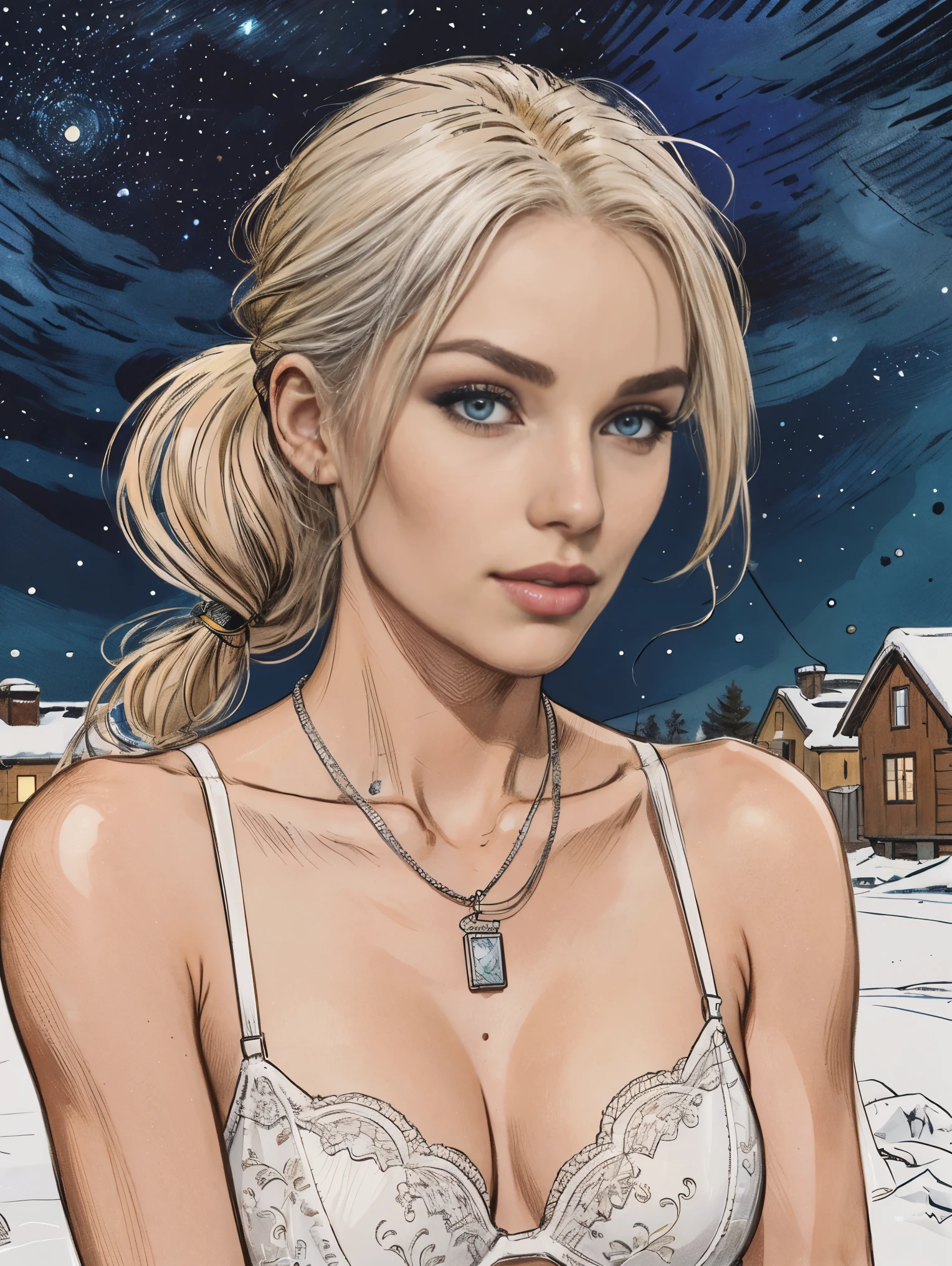 A self-portrait sketch of One ultra hot gorgeous European women, age 23, blonde hair with a ponytail wearing dheer lace lingerie, silver necklace. She’s a playmate, men magazine model.slim body.
Outside In a snowy village, winter landscape, starry night, northern lights.

Perfect anatomy, perfect hair, perfect breast, perfect body, perfect hands, perfect face, UHD, retina, masterpiece, accurate, anatomically correct, textured skin, super detail, high details, high quality, award winning, best quality, highres, 16k, 8k, flat colors, line art, sketch, vector