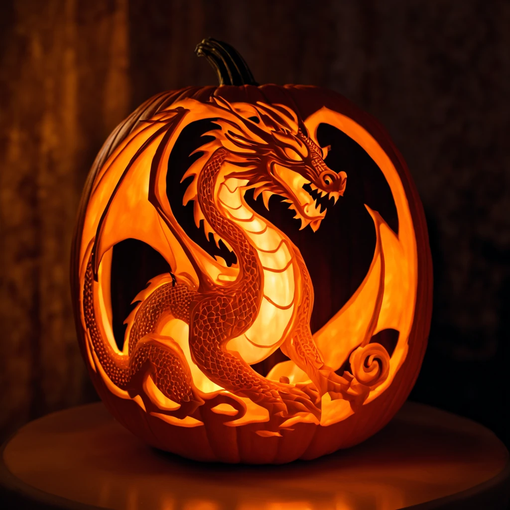 a dragon carved out of a pumpkin, artistic, all orange color, clean lines, candle inside, ambient light
