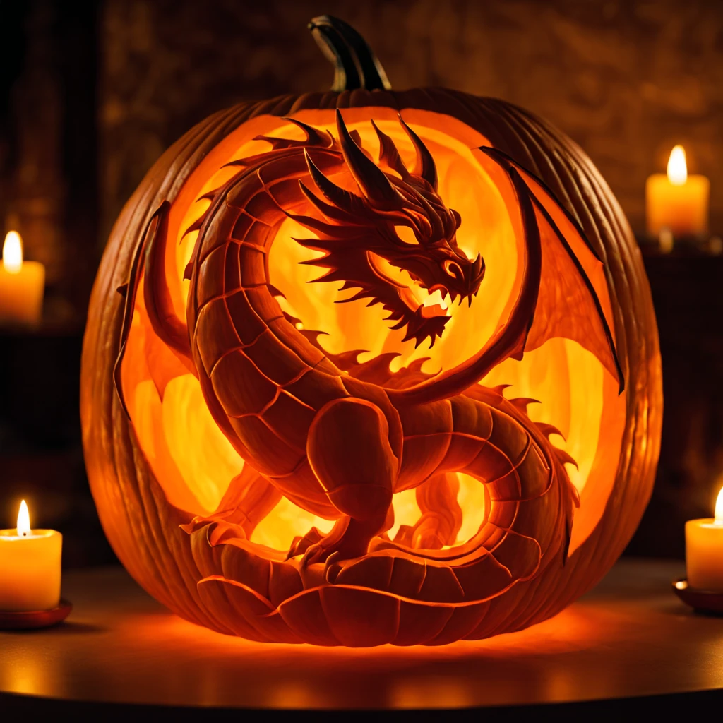 a dragon carved out of a pumpkin, artistic, all orange color, clean lines, candle inside, ambient light