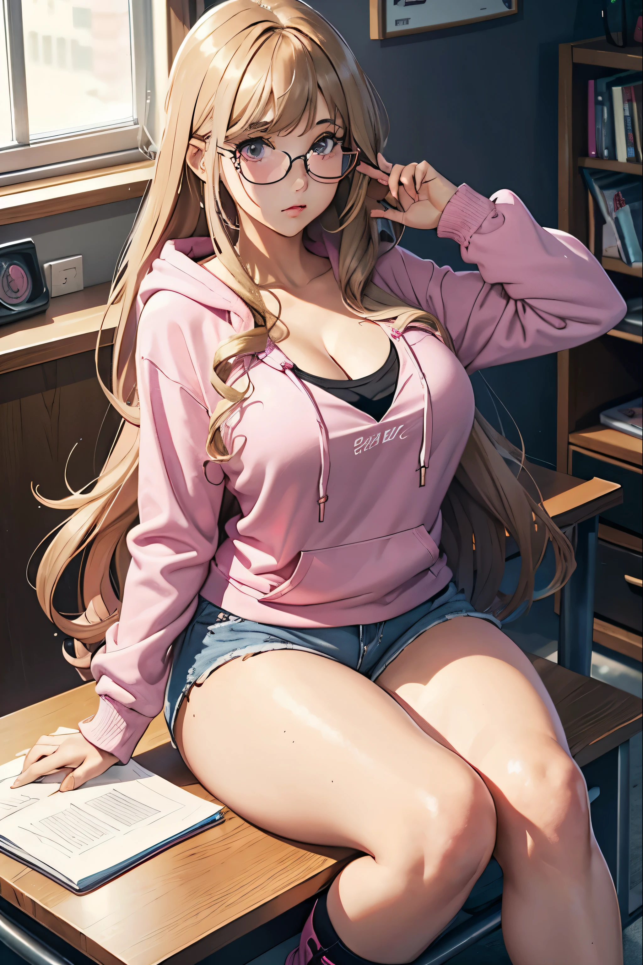 1girl, middle long hair, curly hair, swept bang, dark blonde hair, thick glasses, pink glasses, slim body, {{{GIGANTIC}}} breasts, pink hoodie, hand twirling hair, cleavage, short shorts, ankle boots, sitting in chair, laptop on desk, girly bedroom,
