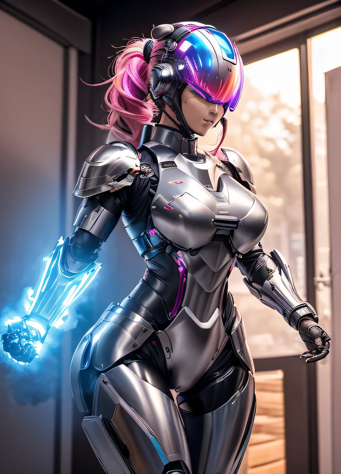 female robocop solo、Armor that completely covers the whole body、very large armor、Helmet to hide your eyes、Rainbow Armor、Armor that completely covers the chest、thin and long legs、Vibrant Posel Body View、big and full breasts:1.5, (Moving body:1.5), Arafe woman solo with ponytail hair