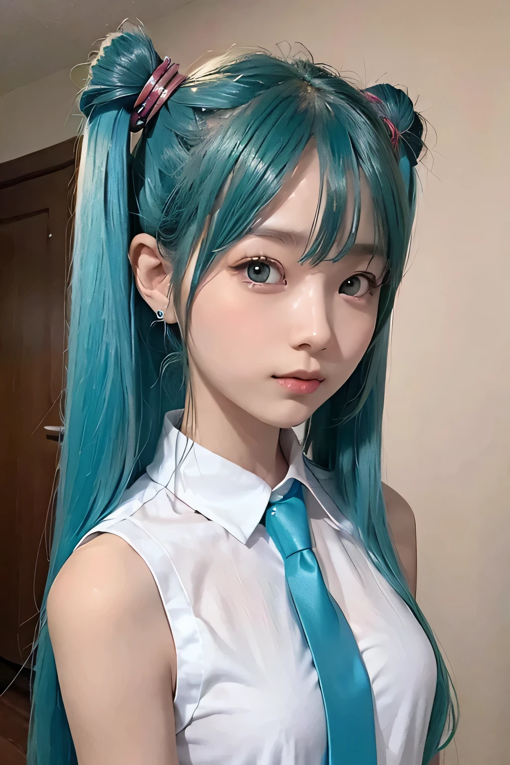 {The theme is Hatsune Miku}、(White Sleeveless Long Shirt:1.3)、((turquoise tie))、 (Red hairpin:1.3)、(twin tails、crazy turquoise long hair:1.3)、, shiny hair, expressive hair, crystal hair, gradient eyes, Artistic, conceptual art, glitter effect , shine, UHD, retina, masterpiece, Accurate, anatomically correct, Super detailed, high detail, fine skin,((flat body、slim、cute:1.3))、Show 1&#39;~ side