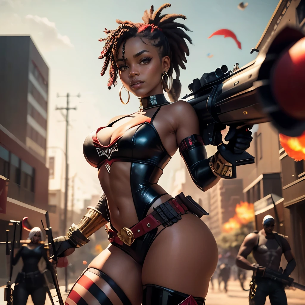 Ebony African holding rocket launcher, gold jewelry, sexy red and white Harley Quinn clothes, pistols, dreads, sexy, thic, explosions in background, sinister smirk, only five digits on each hand,