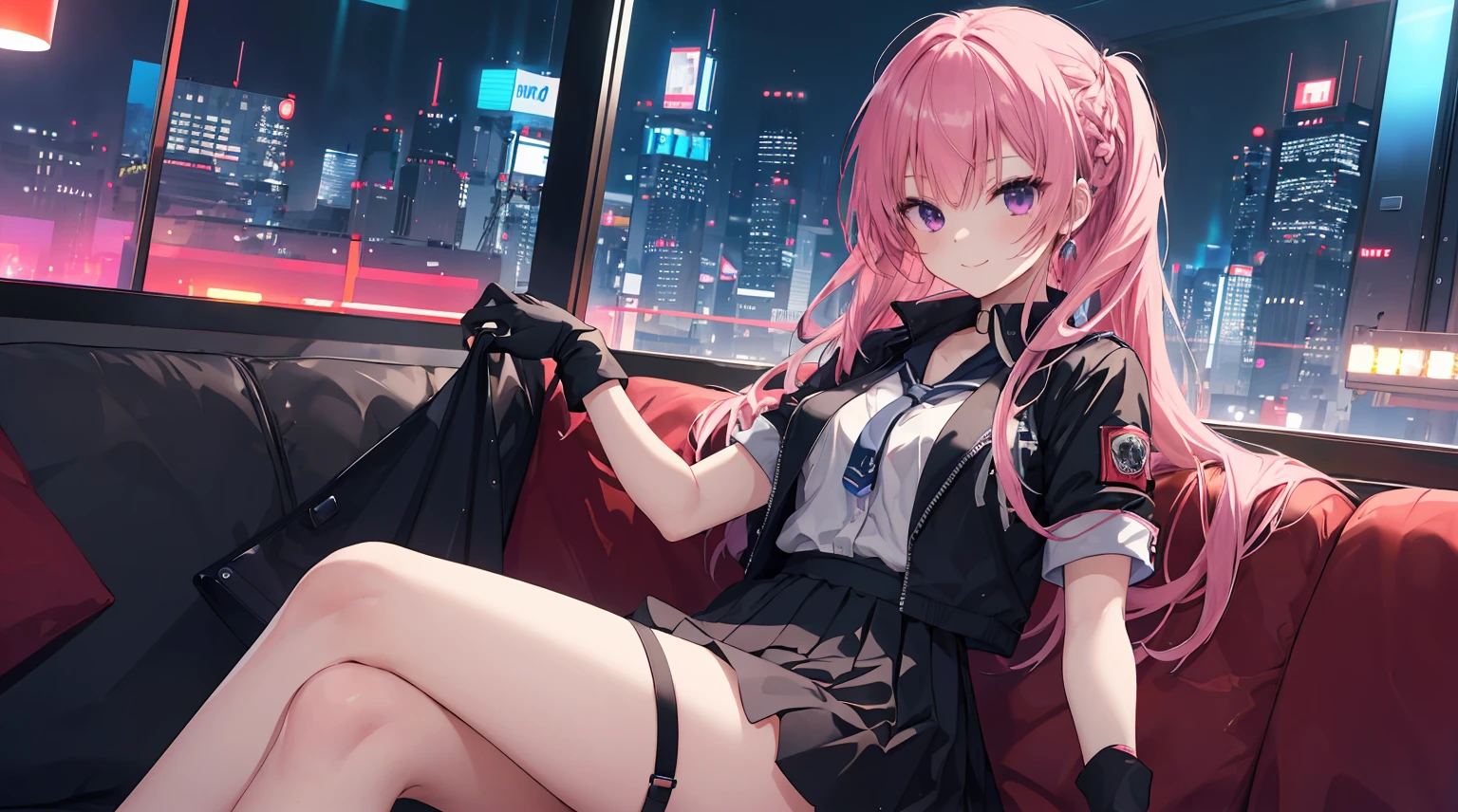 a girl，solo，Long pink hair，gentle，Smile，medium long hair，dishiveredhair，short sleeves，short sleeves游戏服，black skirt，black gloves，cyberpunk characters,night, night city background，digital punk, anime style 4k, Sitting on the sofa，indoors，In the restaurant，black stockingitsukasa ayase、character-centered