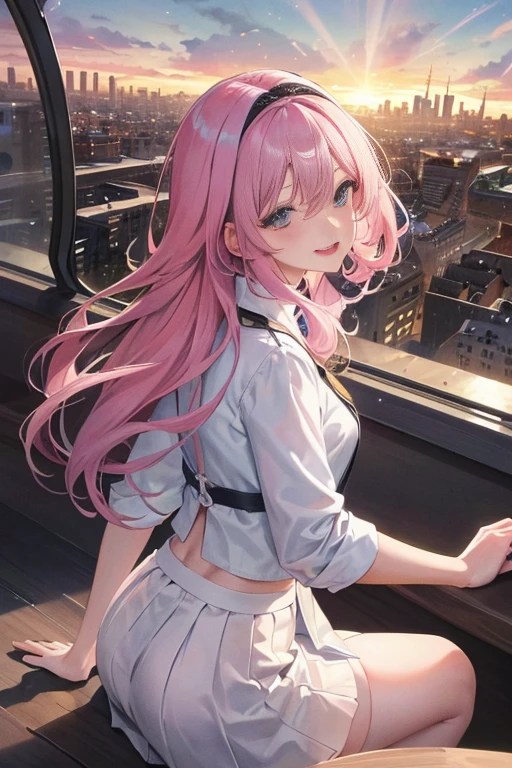 official art, masterpiece, 锋利的焦点美丽华丽可爱的South Korea女人:1.3), (美丽可爱的South Korea人:1.3), South Korea, exquisite beautiful hair、eyes and face, actual, Super detailed, beautiful girl, Luminous white particles, (side light:1.2), sunshine, Baiyun, Detailed cloud, Slender, buttocks, smile with teeth, ((smile with eyes, open your eyes)), landscape, long, straight hair, facial expression, architecture, (city View:1.7), dynamic hair, long, straight hair, Detailed platinum pink hair, Eyelue pleated shirt + white skirt), white stockings, pale skin, hair accessories, epic landscape,night,exposed lace