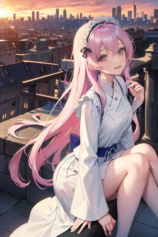 official art, masterpiece, Sharp focus beautiful gorgeous cute korean woman:1.3), (beautiful and cute korean:1.3), Korean beauty, exquisite beautiful hair、eyes and face, actual, Super detailed, beautiful girl, Luminous white particles, (side light:1.2), sun light, Baiyun, Detailed cloud, Slender, buttocks, smiling with teeth, ((Smile with your eyes, open both eyes)), landscape, long, straight hair, sexy facial expression, architecture, (city View:1.7), dynamic hair, long, straight hair, Detailed platinum pink hair, Luminous Blue Eyelue Pleated Shirt + Short white skirt), white stockings, pale skin, hair accessories, epic landscape,night,Reveals lace