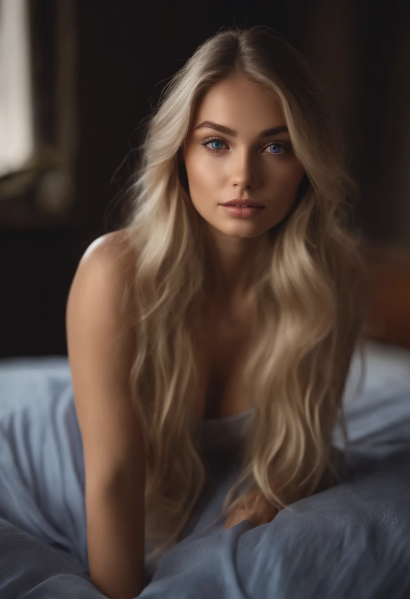 arafed woman fully , with blue eyes, ultra realistic, meticulously detailed, portrait sophie mudd, blonde hair and large eyes, selfie of a young woman, bedroom eyes, violet myers, without makeup, natural makeup, looking directly at the camera, face with artgram, subtle makeup, stunning full body shot kneeling on bed, in bedroom, medium to large size bust; ; ;naked