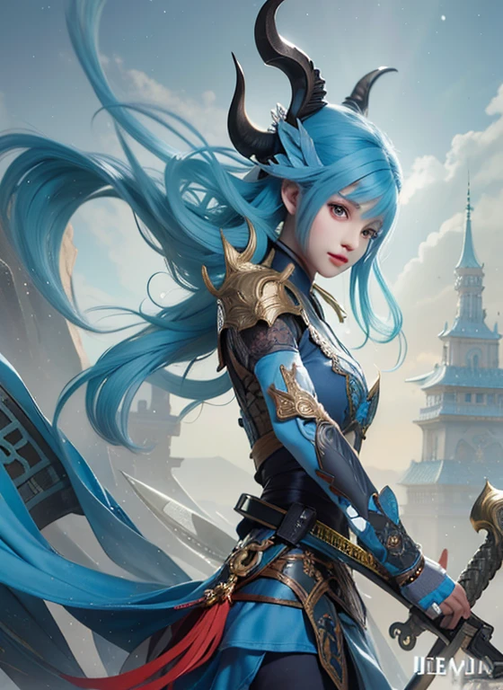 A blue-haired one、Long horn、French-German image of woman holding sword, blue Tiflin, 2. 5d cgi anime fantasy artwork, Fantasy Card Game Art, author:Yang Jie, Tiflin, artgerm on artstation pixiv, epic Fantasy Card Game Art, Epic fantasy digital art style, 史诗Fantasy Card Game Art, author:Jeremy Chong