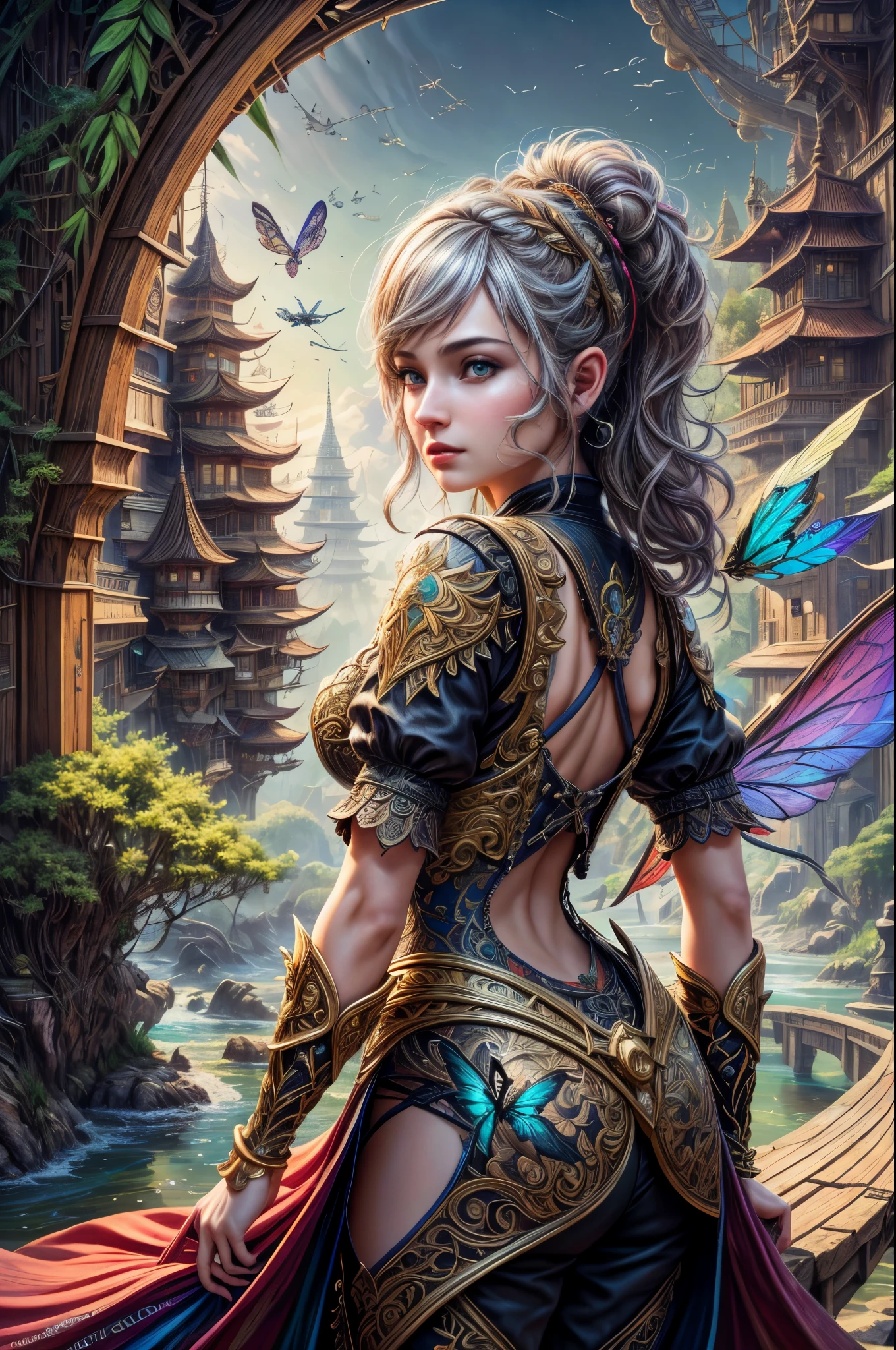 (((Multiplayer, Man and Woman))), Best Quality, Realistic, Realistic, Award-Winning Illustrations, (Intricate Details: 1.2), (Fine Details), (Intricate Details), (Cinematic Light, Best Quality Backlight), Clear Lines, Sharp Focus, Official Art, Unity 8k Wallpaper, Ridiculous, Incredibly Ridiculous, Fantasy Art, RTX, ((Award-winning Studio Close-up Photo)), 1 Boy, (Shut Up), Best Quality, 4K, beautiful mysterious creatures, female, flying, surrealism, masterpiece of NCWINTERS, in mysterious country town, masterpiece, intricate details, ff14style, painting, bridge, river, Insect Wings,Bamboo Forest, landscape, bright colors,