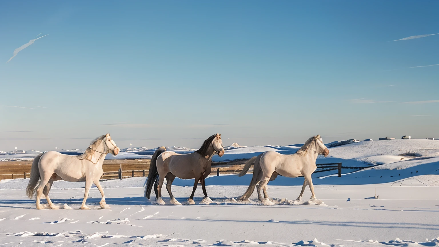 three white horses, sunny winter landscape, field, snow