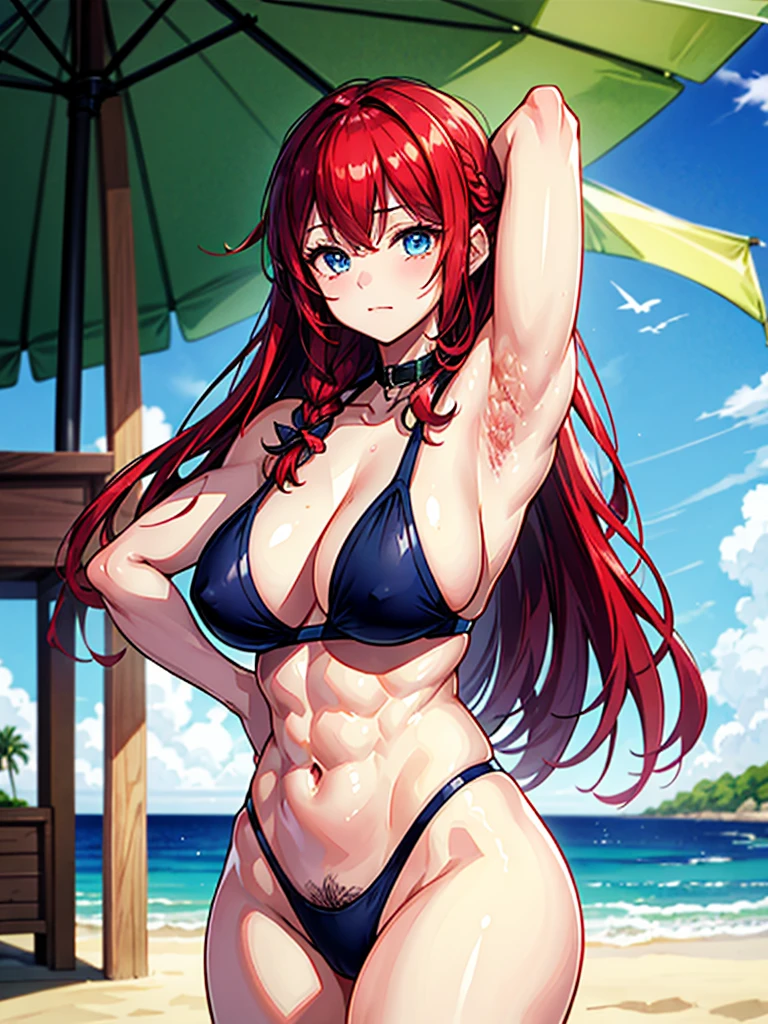(((masterpiece、Highest image quality、highest quality、highly detailed unity 8kwallpaper)))、((Illustration of one girl))、(((beautiful girl)))、((red hair、Braid、sidelocks:1.4、blue eyes))、(((stocky build:1.6, thickset physique, muscular legs, broad shoulders, solid chest)))、(((red hairy armpits:1.4)))、(armpit hair:1.4)、swimsuit、sandy beach