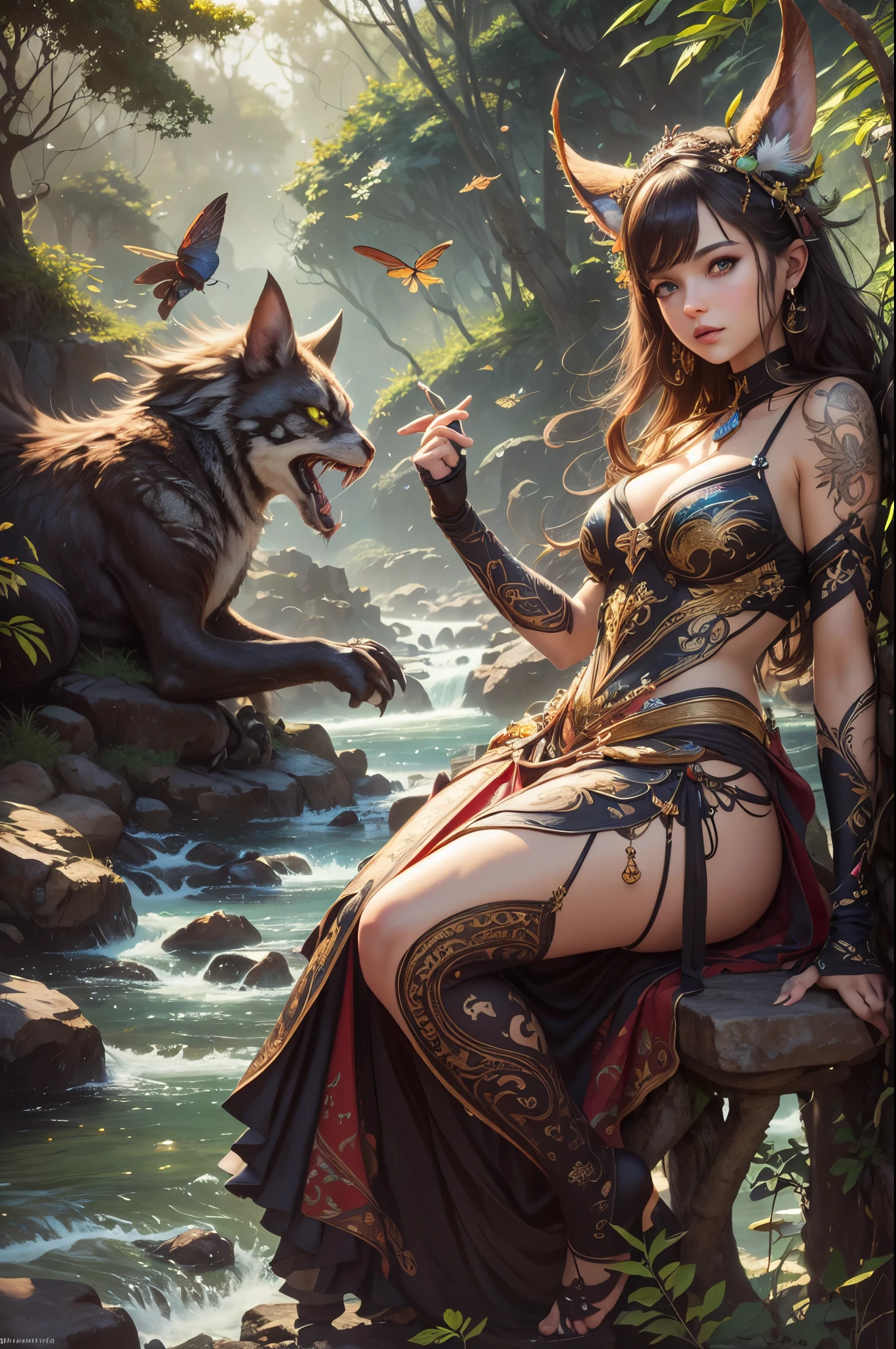 (((Multiplayer, Man and Woman))), Best Quality, Realistic, Realistic, Award-Winning Illustrations, (Intricate Details: 1.2), (Fine Details), (Intricate Details), (Cinematic Light, Best Quality Backlight), Clear Lines, Sharp Focus, Official Art, Unity 8k Wallpaper, Ridiculous, Incredibly Ridiculous, Fantasy Art, RTX, ((Award-winning Studio Close-up Photo)), 1 Boy, (Shut Up), Best Quality, 4K, beautiful mysterious creatures, female, flying, surrealism, masterpiece of NCWINTERS, in mysterious country town, masterpiece, intricate details, ff14style, painting, bridge, river, Insect Wings,Bamboo Forest, landscape, bright colors,