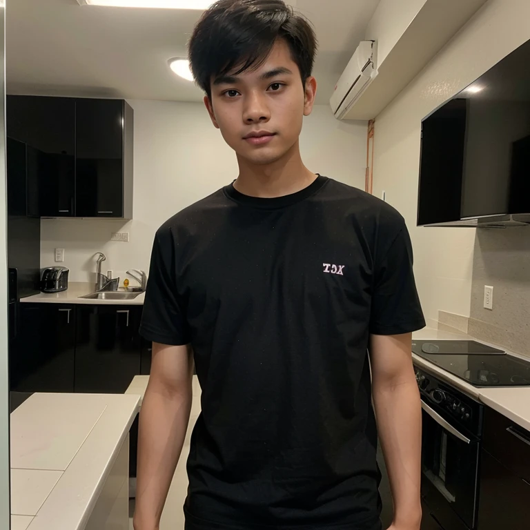 Young Thai Man, 19 years old, short hair, Good shape, live in a condo, Virtual image. Wear a black shirt