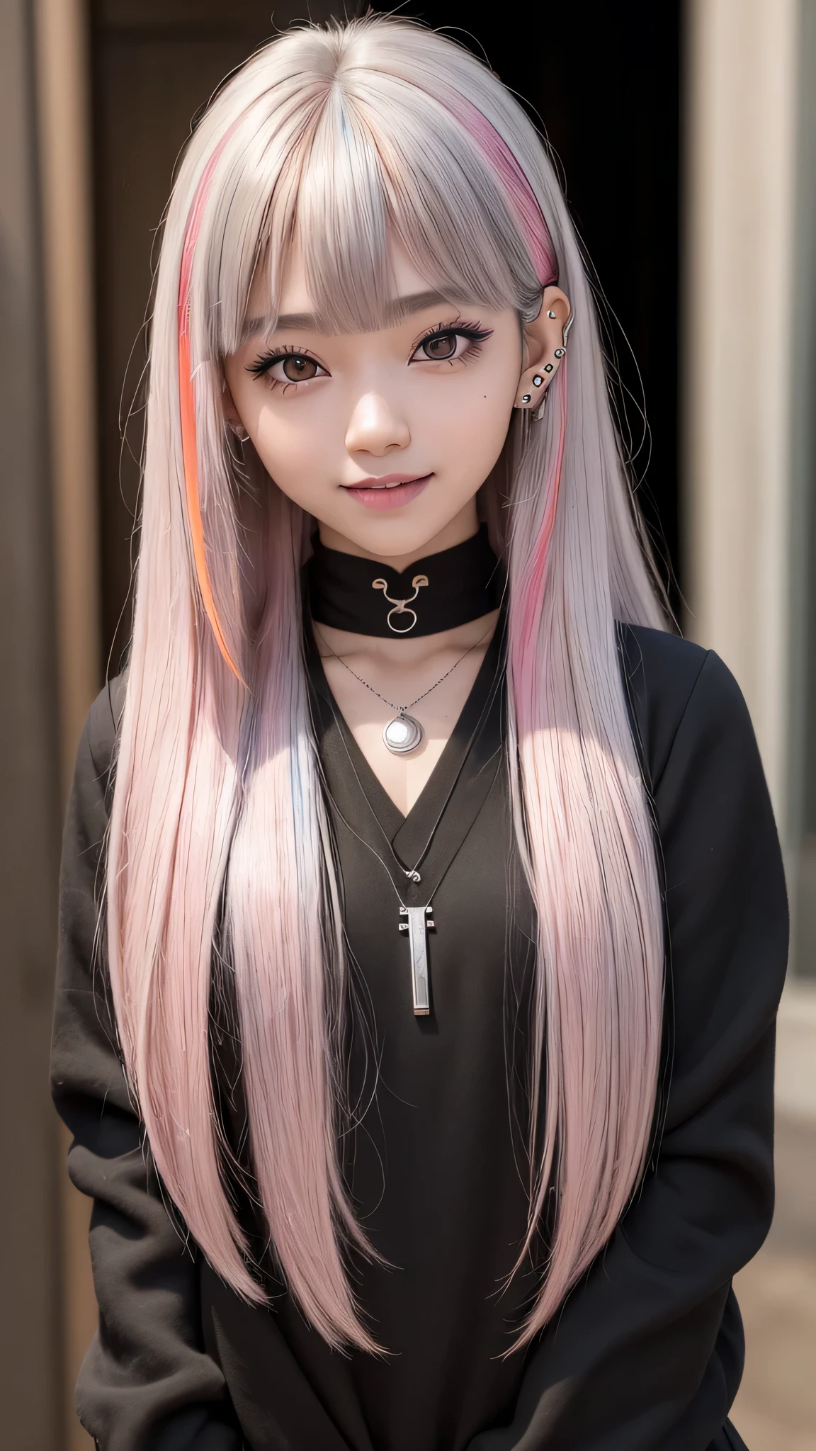 ((realistic)),((photo realistic)),((RAW photo)),((photography)),extremely detailed CG,unity 8k wallpaper,caustics,super detailed skin,cinematic lighting,dynamic angle, strong light coming in,depth of field,((japanese)),((japanese girl)),(cute),sexy,(medium hair), blunt bangs, (straight hair),(beautiful ash hair color:1.5), (colored inner hair:1.5),(Pink lipultiple piercings,(Ear Body Piercing),necklace,GAL, Black Gal Makeup, sly face, large eyes, drooping eyes,black skin, gleaming skin, smile, school uniform,