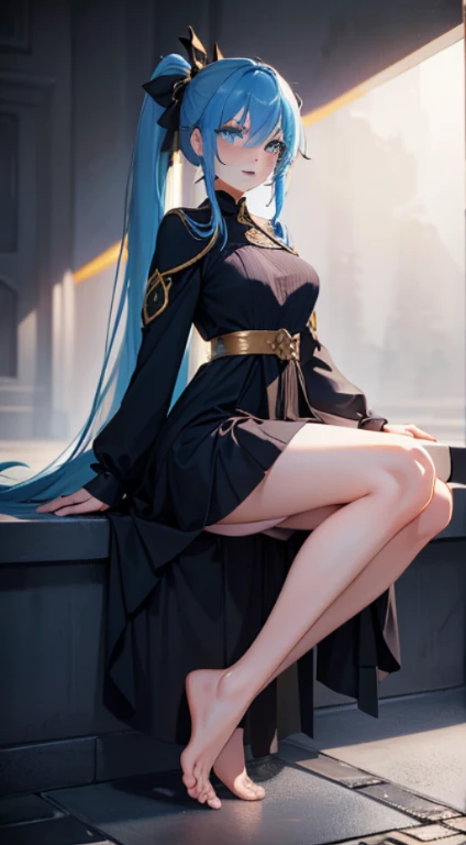young girl, long blue hair, blue eyes, high ponytail, black blue dress, gold elements, , sit, feet on feet, Smile, masterpiece, high quality
