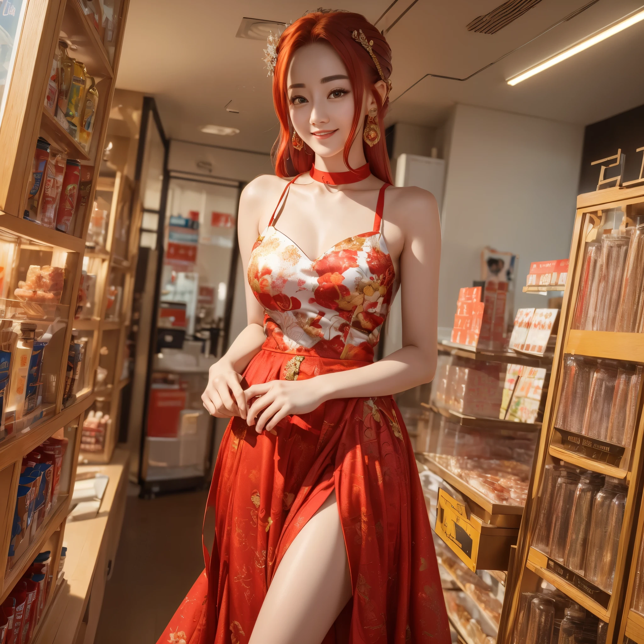 (best quality,4k,8k,highres,masterpiece:1.2),ultra-detailed, red haired Chinese college student, Dilraba Dilmurat, sundress, smiling, shopping at minimart, HDR, 8k, absurdres, cinestill 800, sharp focus