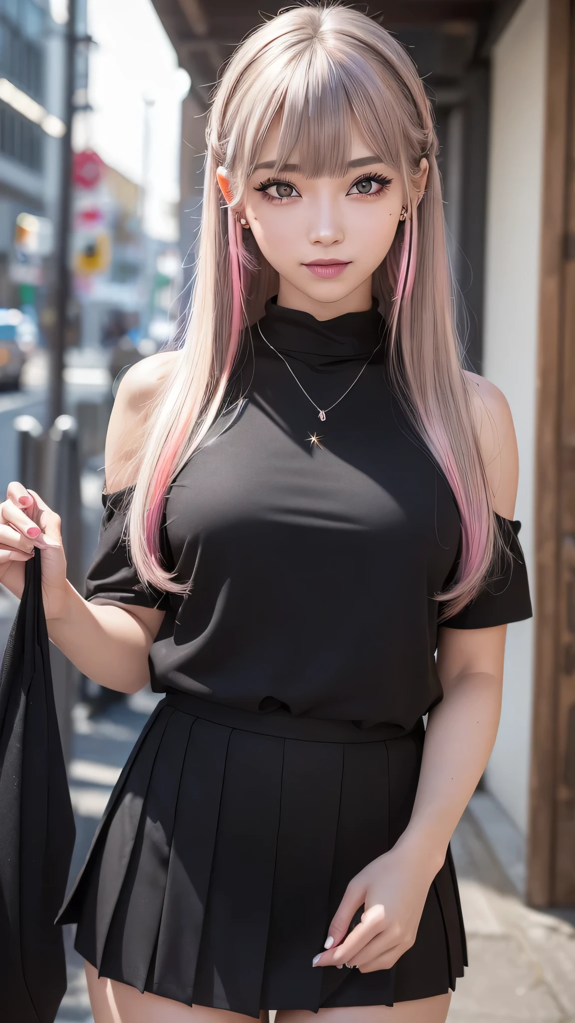 ((realistic)),((photo realistic)),((RAW photo)),((photography)),extremely detailed CG,unity 8k wallpaper,caustics,super detailed skin,cinematic lighting,dynamic angle, strong light coming in,depth of field,((japanese)),((japanese girl)),(cute),sexy,(medium hair), blunt bangs, (straight hair),(beautiful ash hair color:1.5), (colored inner hair:1.5),(Pink lipultiple piercings,(Ear Body Piercing),necklace,GAL, Black Gal Makeup, sly face, large eyes, drooping eyes,black skin, gleaming skin, smile, school uniform,