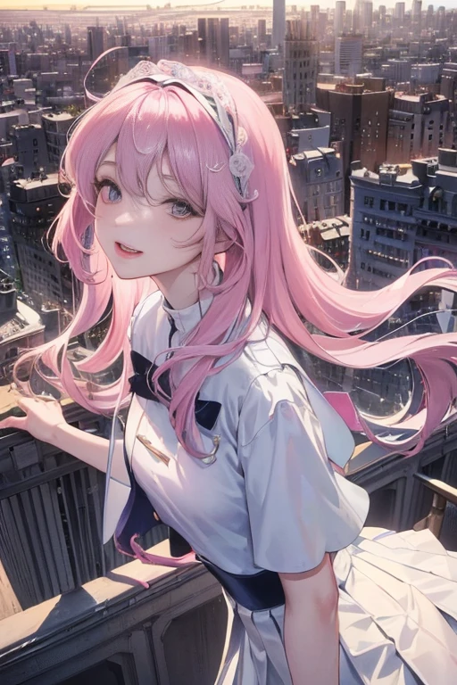 official art, masterpiece, 锋利的焦点美丽华丽可爱的South Korea女人:1.3), (美丽可爱的South Korea人:1.3), South Korea, exquisite beautiful hair、eyes and face, actual, Super detailed, beautiful girl,  Luminous white particles, (side light:1.2), sunshine, Baiyun, Detailed cloud, Slender, buttocks, smile with teeth, ((smile with eyes, open your eyes)), landscape, long, straight hair, facial expression, architecture, (city View:1.7), dynamic hair, long, straight hair, Detailed platinum pink hair, Eyelue pleated shirt + white skirt), white stockings, pale skin, hair accessories, epic landscape,night