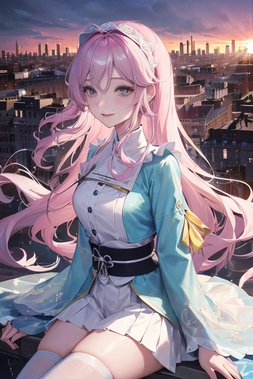 official art, masterpiece, 锋利的焦点美丽华丽可爱的South Korea女人:1.3), (美丽可爱的South Korea人:1.3), South Korea, exquisite beautiful hair、eyes and face, actual, Super detailed, beautiful girl, Luminous white particles, (side light:1.2), sunshine, Baiyun, Detailed cloud, Slender, buttocks, smile with teeth, ((smile with eyes, open your eyes)), landscape, long, straight hair, facial expression, architecture, (city View:1.7), dynamic hair, long, straight hair, Detailed platinum pink hair, Eyelue pleated shirt + white skirt), white stockings, pale skin, hair accessories, epic landscape,night