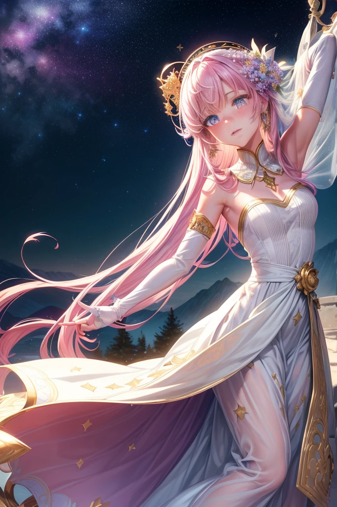 Colorful starrailloating white feathers),Purple,(((((masterpiece))))),(((((high resolution))))),alone,(hair splayed out),((flowing hair)),pink hair,blue_Eye,permanent,Big breasteautiful and detailed skirt, flower patterns on clothes,White dresridal gloves,ribbon,hair ribbon,hair flower,veil,beautiful detailed sky,glowing light,Ray tracing,reflected light,depth of field,((((Put your arms behind your back)))),Flowers and meadows,Mountain,(((((role conception))))),(((((Extremely detailed CG unified 8k wallpaper))))),Cross necklace,crown,earrings,bridal veil,sling,starry sky,clusters of stars,starry sky,Twinkling stars,,Poker face,Neat figure,sit on the floor