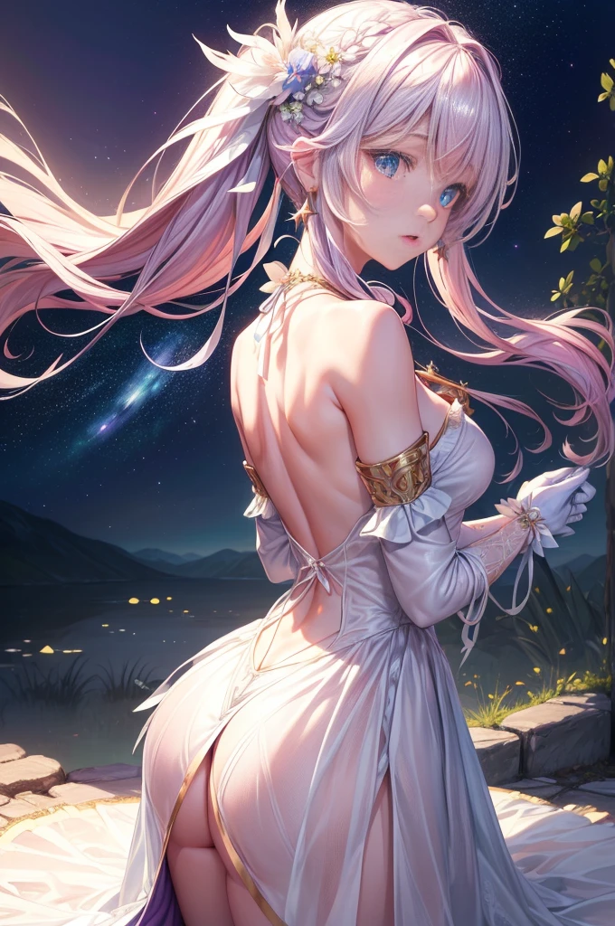 Colorful starrailloating white feathers),Purple,(((((masterpiece))))),(((((high resolution))))),alone,(hair splayed out),((flowing hair)),pink hair,blue_Eye,permanent,Big breasteautiful and detailed skirt, flower patterns on clothes,White dresridal gloves,ribbon,hair ribbon,hair flower,veil,beautiful detailed sky,glowing light,Ray tracing,reflected light,depth of field,((((Put your arms behind your back)))),Flowers and meadows,Mountain,(((((role conception))))),(((((Extremely detailed CG unified 8k wallpaper))))),Cross necklace,crown,earrings,bridal veil,sling,starry sky,clusters of stars,starry sky,Twinkling stars,,Poker face,Neat figure,sit on the floor