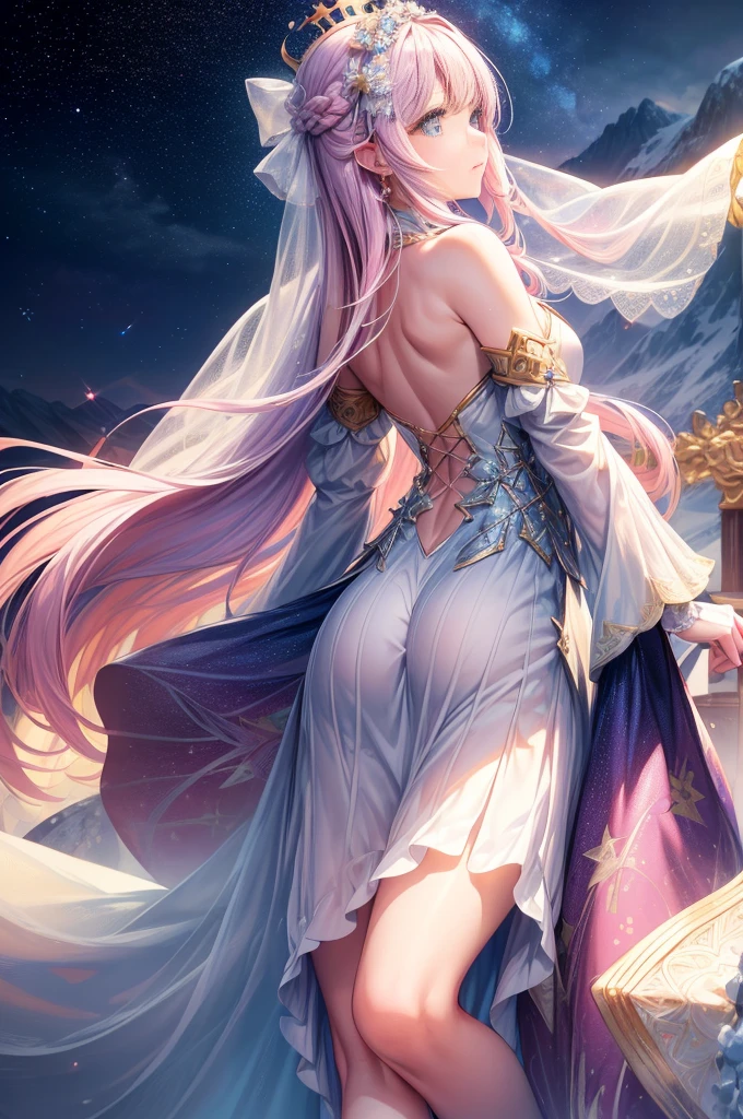 Colorful starrailloating white feathers),Purple,(((((masterpiece))))),(((((high resolution))))),alone,(hair splayed out),((flowing hair)),pink hair,blue_Eye,permanent,Big breasteautiful and detailed skirt, flower patterns on clothes,White dresridal gloves,ribbon,hair ribbon,hair flower,veil,beautiful detailed sky,glowing light,Ray tracing,reflected light,depth of field,((((Put your arms behind your back)))),Flowers and meadows,Mountain,(((((role conception))))),(((((Extremely detailed CG unified 8k wallpaper))))),Cross necklace,crown,earrings,bridal veil,sling,starry sky,clusters of stars,starry sky,Twinkling stars,,Poker face,Neat figure,sit on the floor