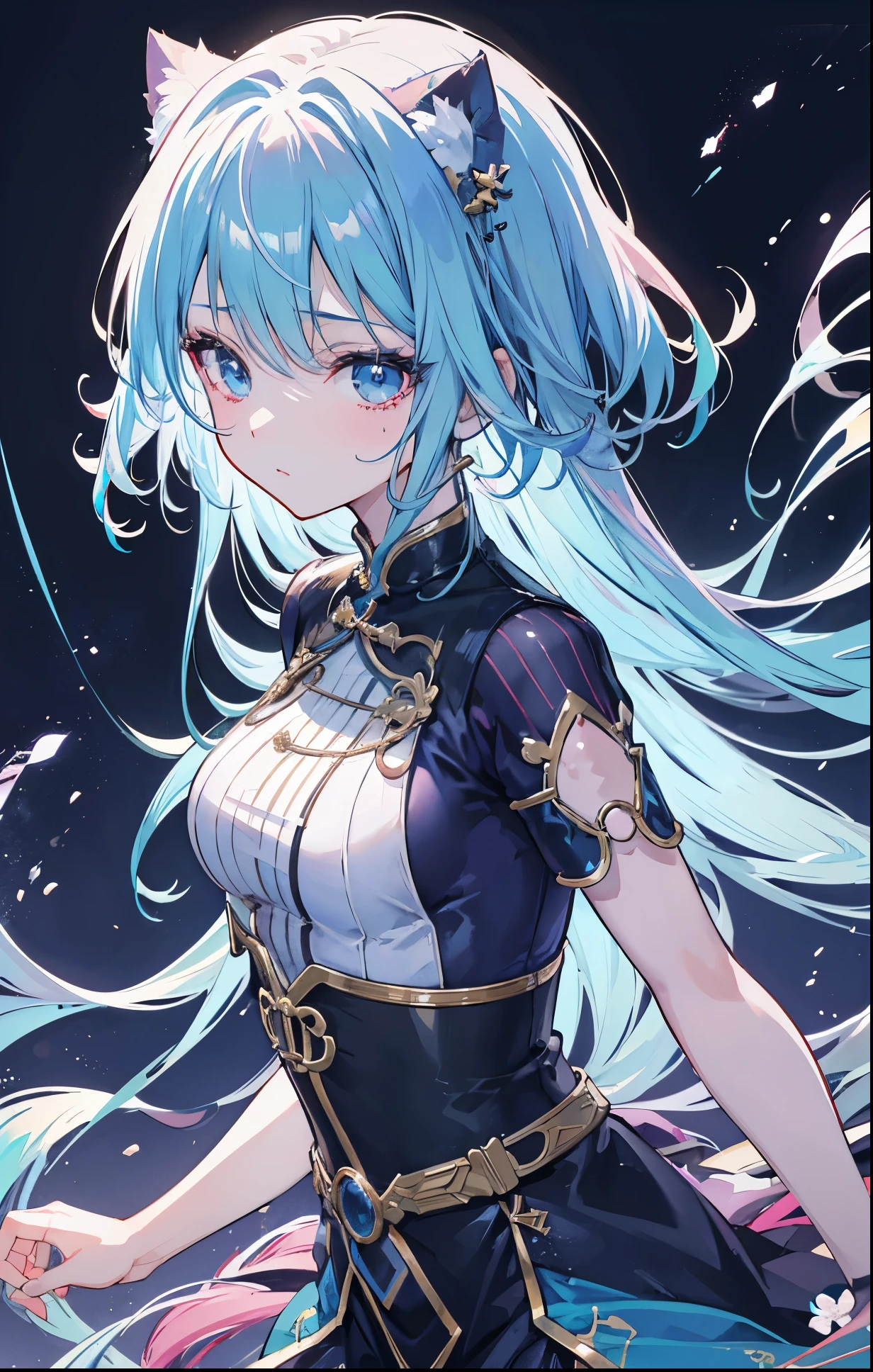 girl,anime style,looking at the audience,High level of detail,reflective transparent iridescent colors,long transparent iridescent hair,Portrait of waist up,华丽的神圣girl,best quality,Super detailed,sad,clever,beautiful face,Beautiful black light background,Rendered character style,dance in the rain