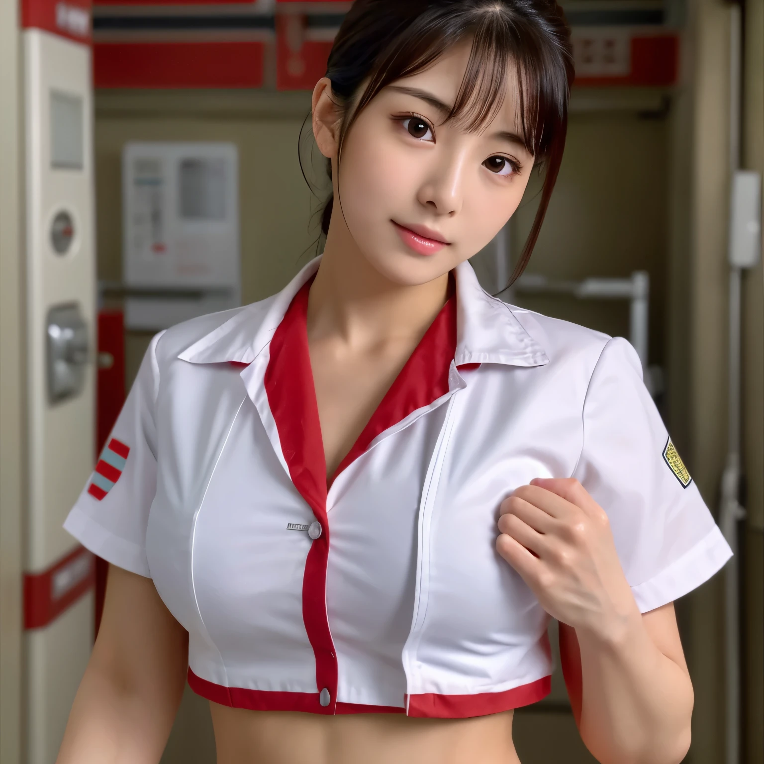 solo、model body shape、trained abdominal muscles、Beautiful woman、model face、beautiful features、high resolution(8K)、hyper detail、Japanese、big breasts(1:2)、Nurse uniform with red cross symbol、A room in a hospital、wet hair、wet body