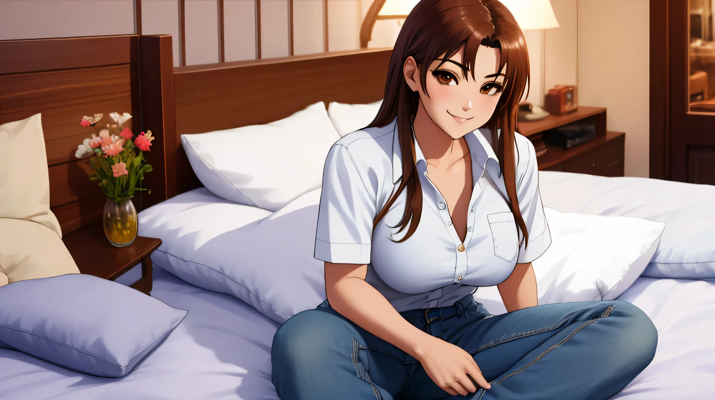 masterpiece, highest quality, Excellent_Mikoto, brown eyes, long hair, big breasts, alone, closed mouth, 襟付きのshirt, shirt, 白のshirt, Blue jeans pants, love hotel, bed, arms crossed, (realistic), (realistic), 1 girl, smile, looking at the viewer, smile, full body photo