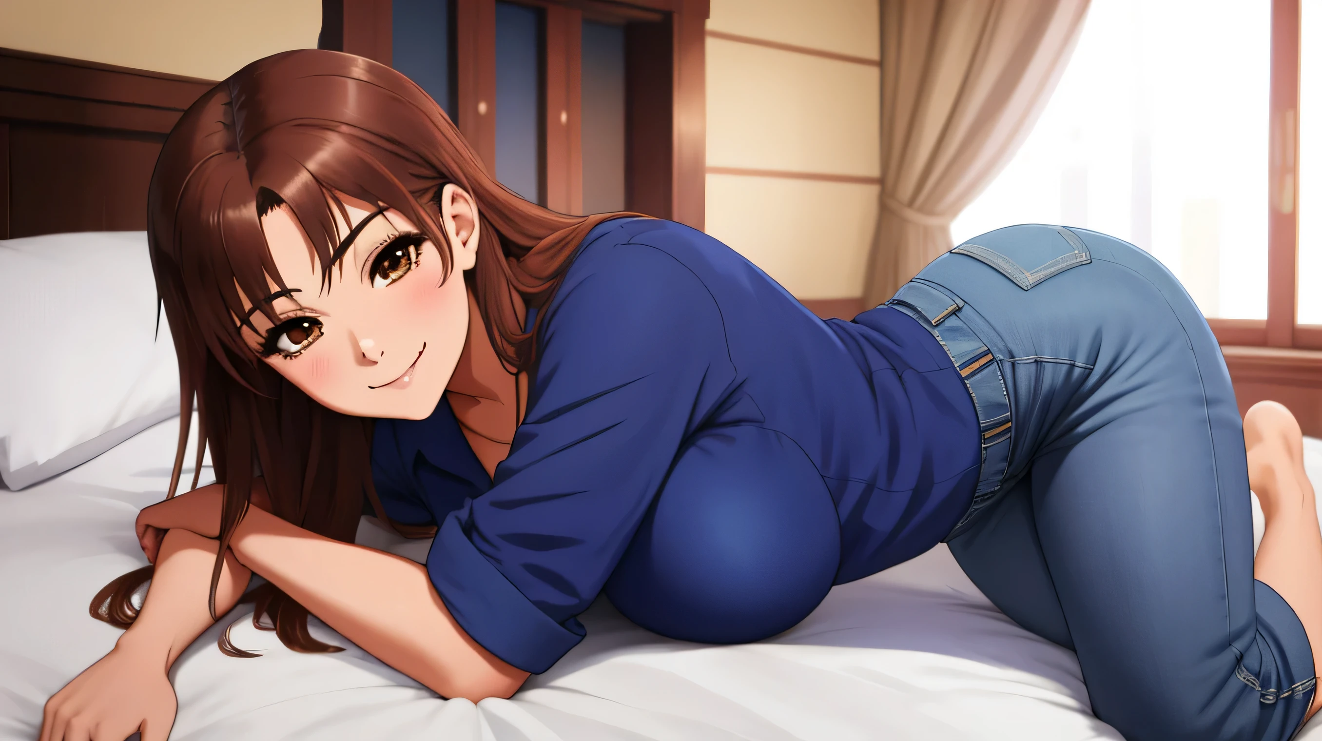 masterpiece, highest quality, Excellent_Mikoto, brown eyes, long hair, big breasts, alone, closed mouth, 襟付きのshirt, shirt, 白のshirt, Blue jeans pants, love hotel, bed, arms crossed, (realistic), (realistic), 1 girl, smile, looking at the viewer, smile, full body photo