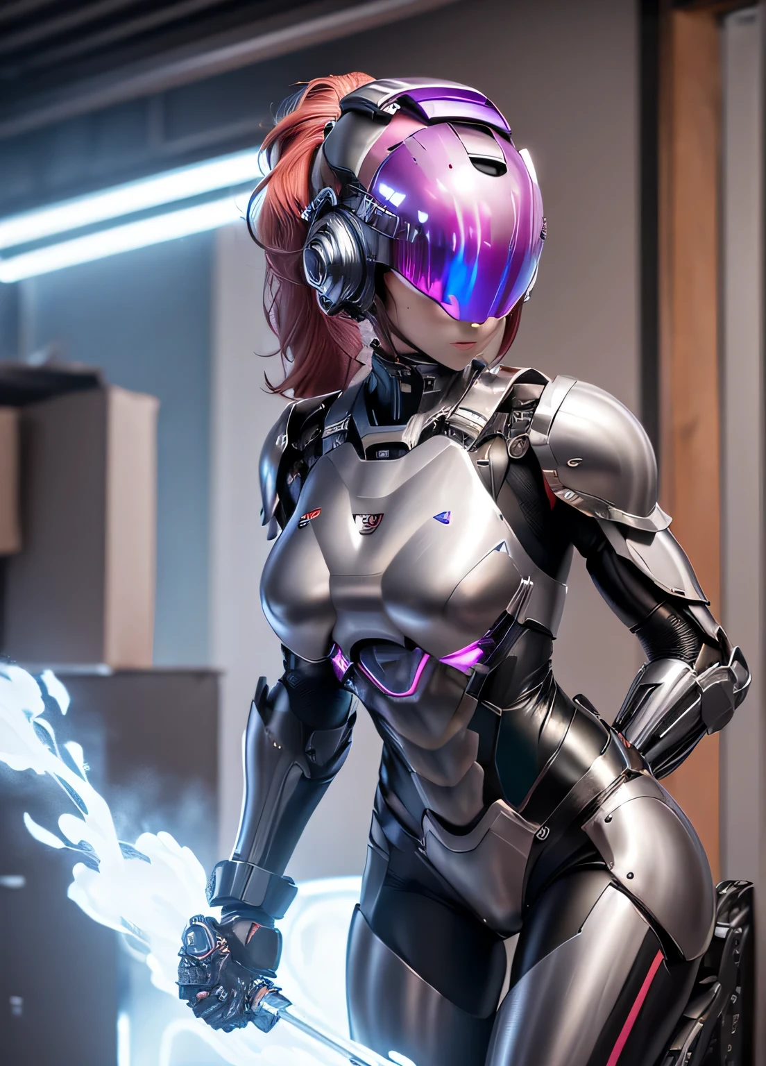 female robocop solo、Armor that completely covers the whole body、very large armor、Helmet to hide your eyes、Rainbow Armor、Armor that completely covers the chest、thin and long legs、Vibrant Posel Body View、big and full breasts:1.5, (Moving body:1.5), Arafe woman solo with ponytail hair