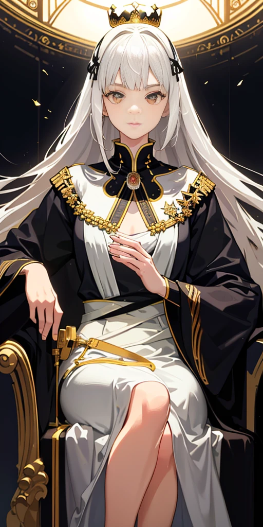(masterpiece:1.2), best quality, (illustration:1.2), (Super detailed), Super details, (Delicate and meticulous), (intricate detaililm light, best quality Backlights), clear lines, from below, soloist, Perfect body, (1 girl), white hair and yellow eyes, (the emperor, black clothes), (crown: 1.1), seated on a throne, Eyes slightly closed, bow your head, (Shy: 1.2 ), (cosmetic), high contrast, (best lighting, Extremely creative and beautiful), (film light), rich and colorful,