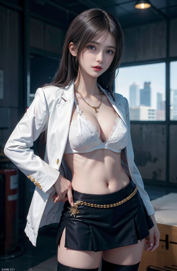 Girl wearing, luxury navy blue coat, shoulder length hair, wavy hair, glowing skin, star in eye, red lips, grey background, cute poses , upper body, open coat, breast visible, belly button , showing boobs, flashing boobs