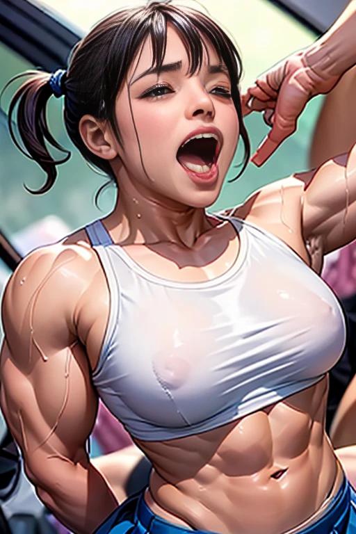 (best quality, 8k, highres, photorealistic:2.0), (solo, one girl:2.0),(lighting: strong),(lighting: front),(She screams as she climaxes intensely.:2.0),(very muscular girl:2.0),(bodybuilder girl:2.0),(oily skin:2.0),(black short hair:1.5),(wearing black loafers),(short sleeve school uniform),(short white shirt),(blue sailor collar),(red neckerchief),(white socks),(blue skirt),(blue pleated mini skirt), (Wearing white panties),Photographed in front of the high school building