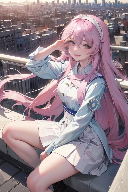 official art, masterpiece, 锋利的焦点美丽华丽可爱的South Korea女人:1.3), (美丽可爱的South Korea人:1.3), South Korea, exquisite beautiful hair、eyes and face, actual, Super detailed, beautiful girl, Luminous white particles, (side light:1.2), sunshine, Baiyun, Detailed cloud, Slender, buttocks, smile with teeth, ((smile with eyes, open your eyes)), landscape, long, straight hair, facial expression, architecture, (city View:1.7), dynamic hair, long, straight hair, Detailed platinum pink hair, Eyelue pleated shirt + white skirt), white stockings, pale skin, hair accessories, epic landscape,night,Wearing a short white skirt,spread your knees
