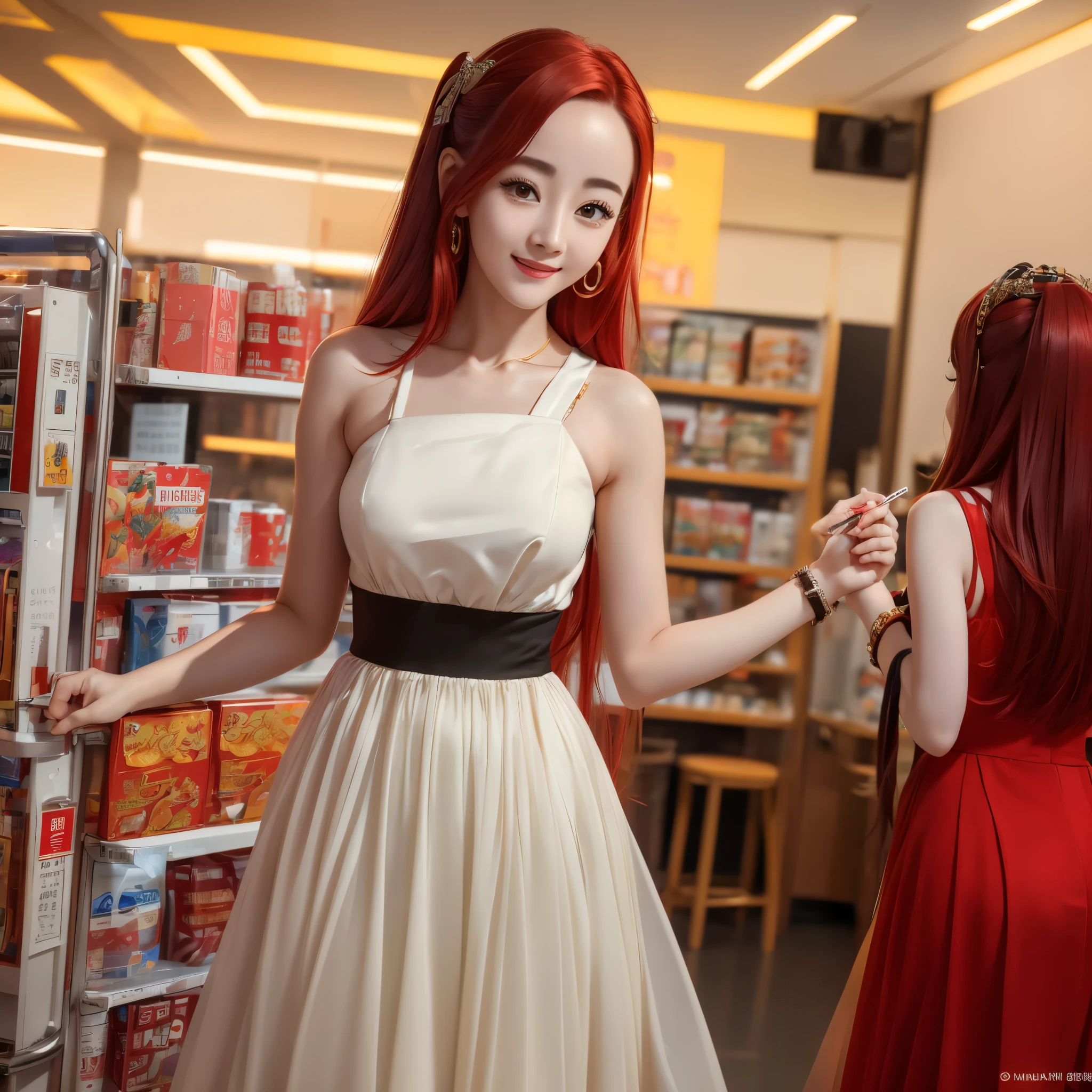 (best quality,4k,8k,highres,masterpiece:1.2),ultra-detailed, red haired Chinese college student, Dilraba Dilmurat, sundress, smiling, shopping at minimart, HDR, 8k, absurdres, cinestill 800, sharp focus