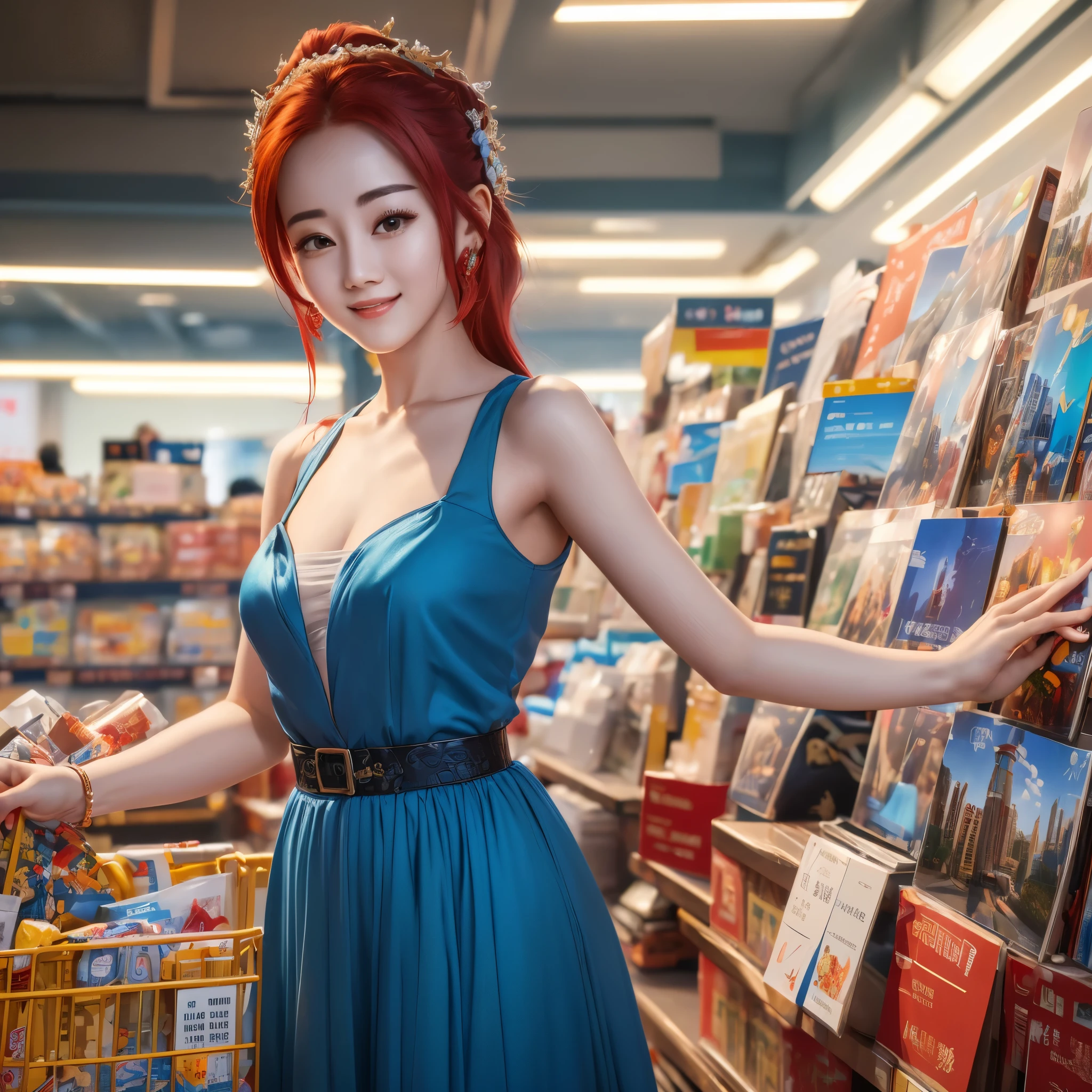 (best quality,4k,8k,highres,masterpiece:1.2),ultra-detailed, red haired Chinese college student, Dilraba Dilmurat, blue sundress, smiling, shopping at minimart, HDR, 8k, absurdres, cinestill 800, sharp focus