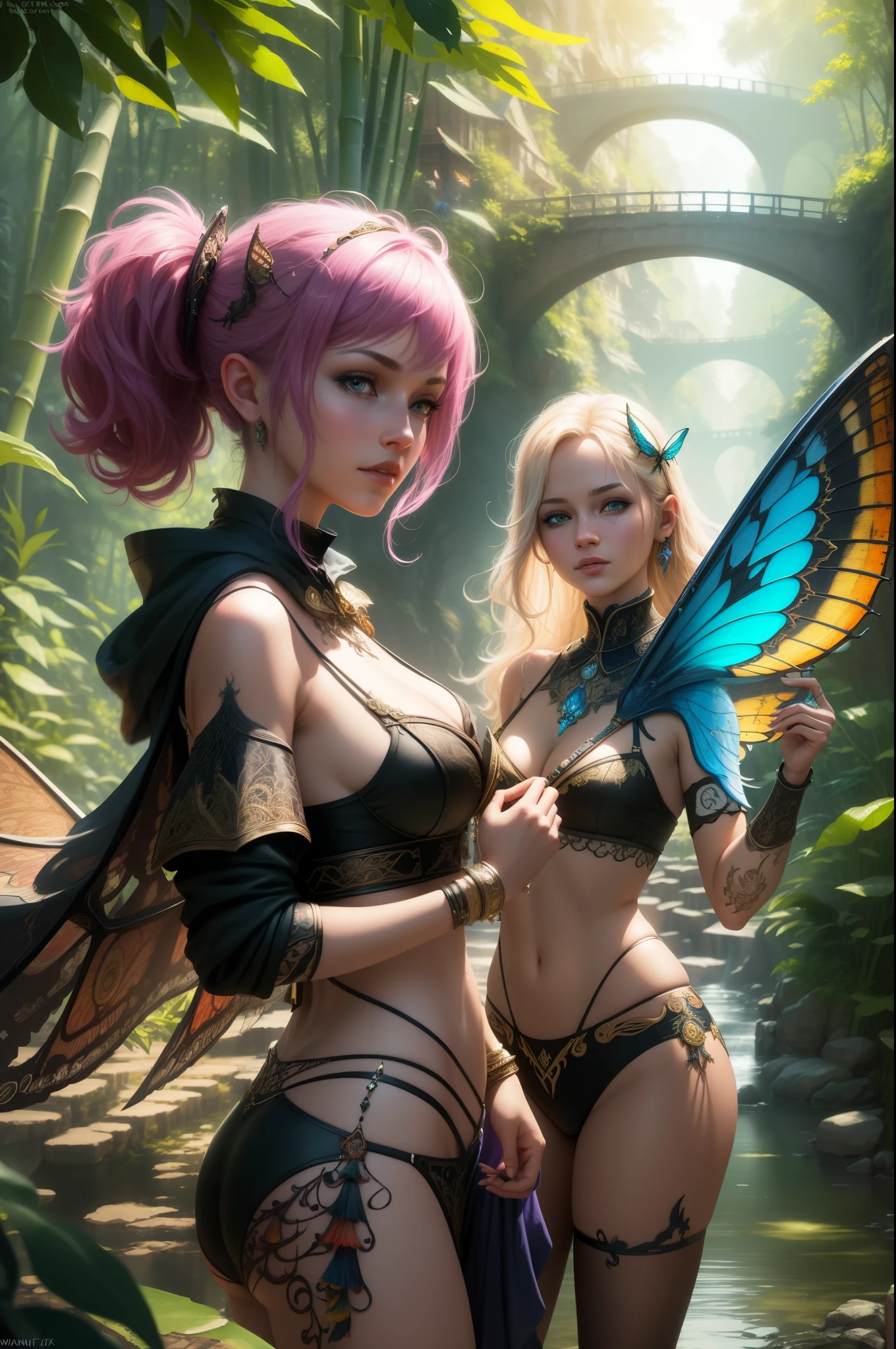 (((Multiplayer, Man and Woman))), Best Quality, Realistic, Realistic, Award-Winning Illustrations, (Intricate Details: 1.2), (Fine Details), (Intricate Details), (Cinematic Light, Best Quality Backlight), Clear Lines, Sharp Focus, Official Art, Unity 8k Wallpaper, Ridiculous, Incredibly Ridiculous, Fantasy Art, RTX, ((Award-winning Studio Close-up Photo)), 1 Boy, (Shut Up), Best Quality, 4K, beautiful mysterious creatures, female, flying, surrealism, masterpiece of NCWINTERS, in mysterious country town, masterpiece, intricate details, ff14style, painting, bridge, river, Insect Wings,Bamboo Forest, landscape, bright colors,