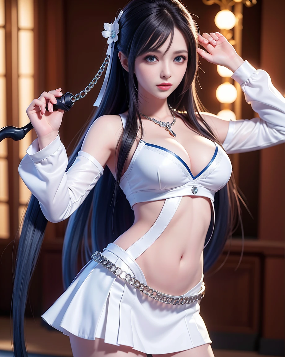 realistic, High resolution, 1 female, hip up, beautiful eyes, long hair, ring-shaped eyes, jewelry, tattoo, Costume Blaze, white bra, white jacket, black mini skirt, thigh height, blue eyes, chain saw