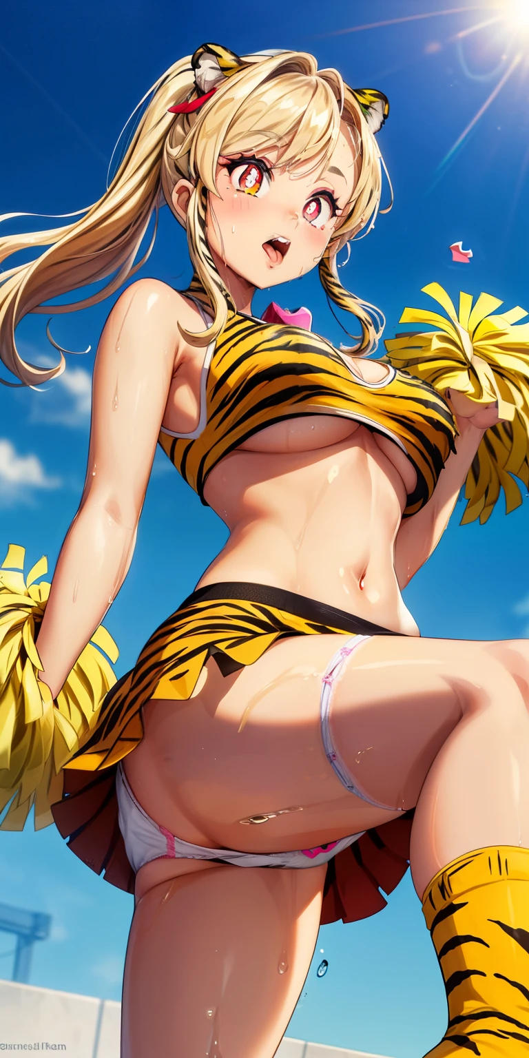 ram invader, detailed breasts,open your mouth wide and stick out your tongue、Drool、 anime dick, (tiger print cheerleader: 1.2), leg high kick、（white panties:1.4）,muste piece, best quality, open mouth, tooth, ultra-detailed breasts, Yellow eyes, cute eyes, detailed face, a cute girl, big chest, red face, (wet with water: 1.2), Generally poor breasts, areola slip, (Position where panties are visible:1.5), (beautiful breasts: 1.2), (with a bright light source: 1.2), (heart shaped pupils opening their clothes: 1.5)