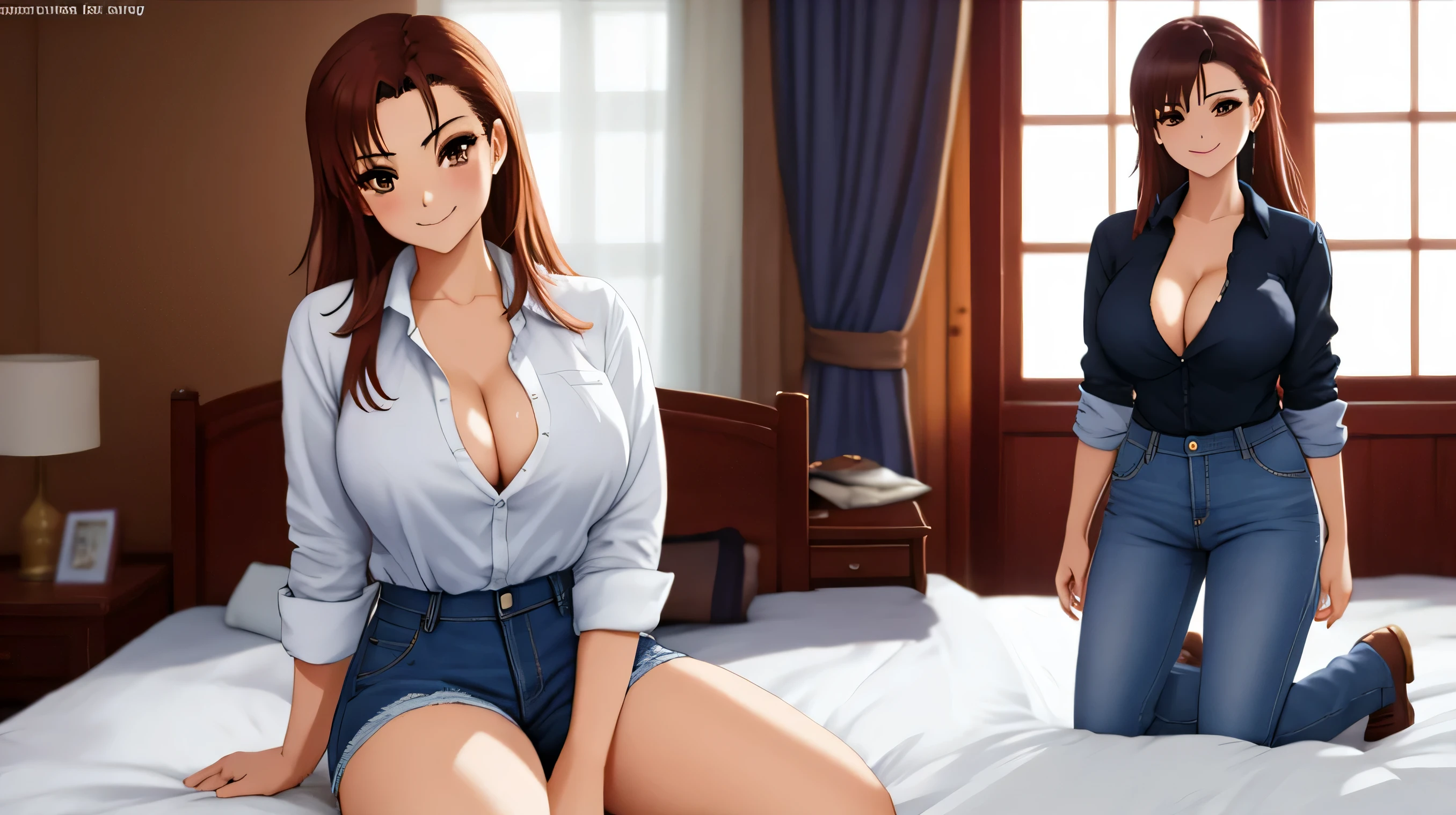 masterpiece, highest quality, Excellent_Mikoto, brown eyes, long hair, big breasts, The valley looks bigger, alone, closed mouth, 襟付きのshirt, shirt, 白のshirt, Blue jeans pants, sexual behavior, Hotel, bed, arms crossed, (realistic), (realistic), 1 girl, smile, looking at the viewer, smile, full body photo