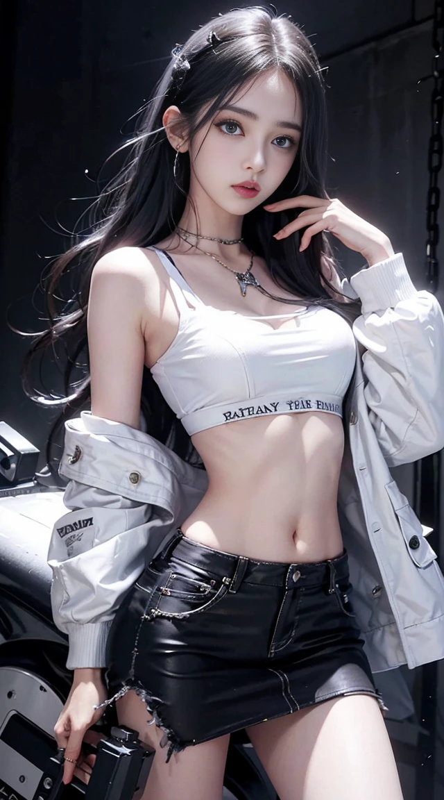 realistic, High resolution, 1 female, hip up, beautiful eyes, long hair, ring-shaped eyes, jewelry, tattoo, Costume Blaze, white bra, white jacket, black mini skirt, thigh height, blue eyes, chain saw